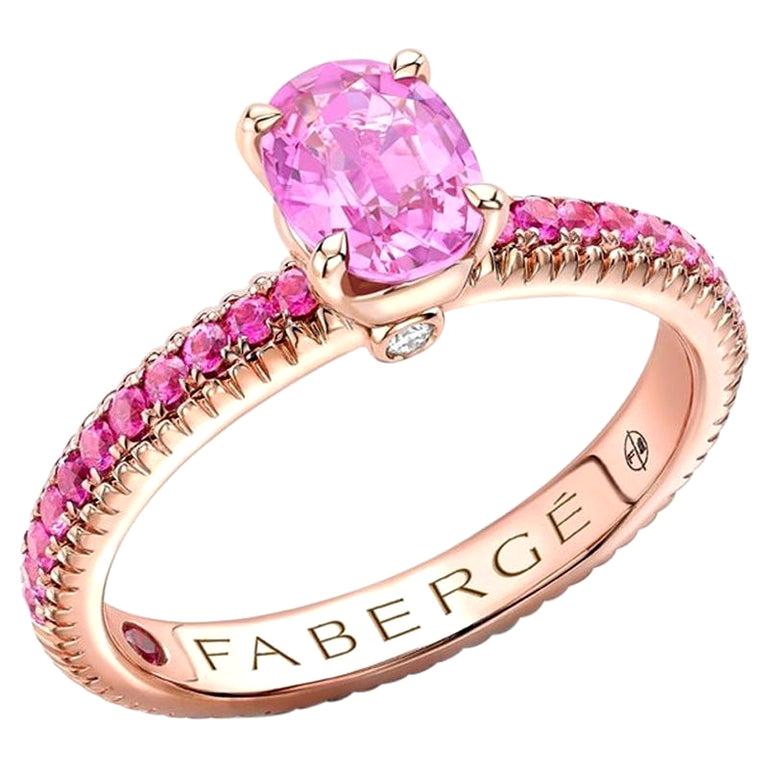 Fabergé 18K Rose Gold Oval Pink Sapphire Fluted Ring with Pink Sapphire Shoulder For Sale