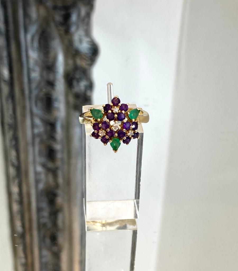 Art Deco Faberge 18k Gold Ring With Diamonds, Amethyst & Emeralds