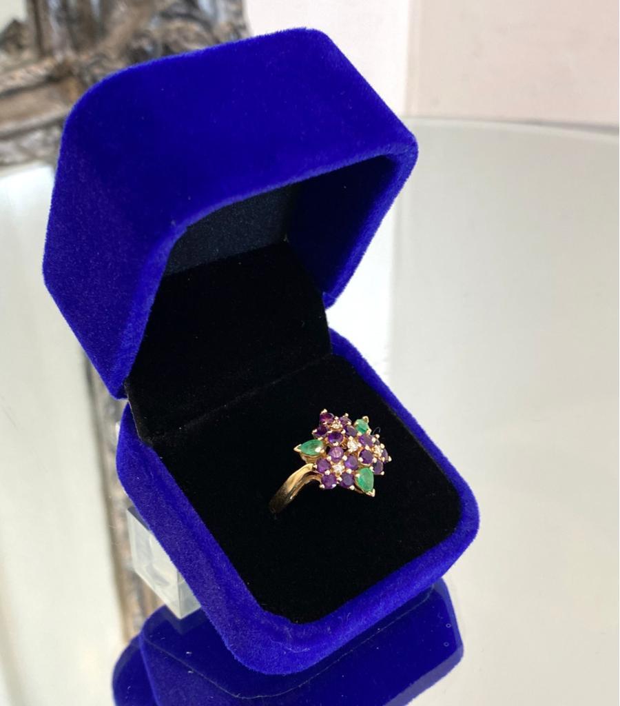 Brilliant Cut Faberge 18k Gold Ring With Diamonds, Amethyst & Emeralds