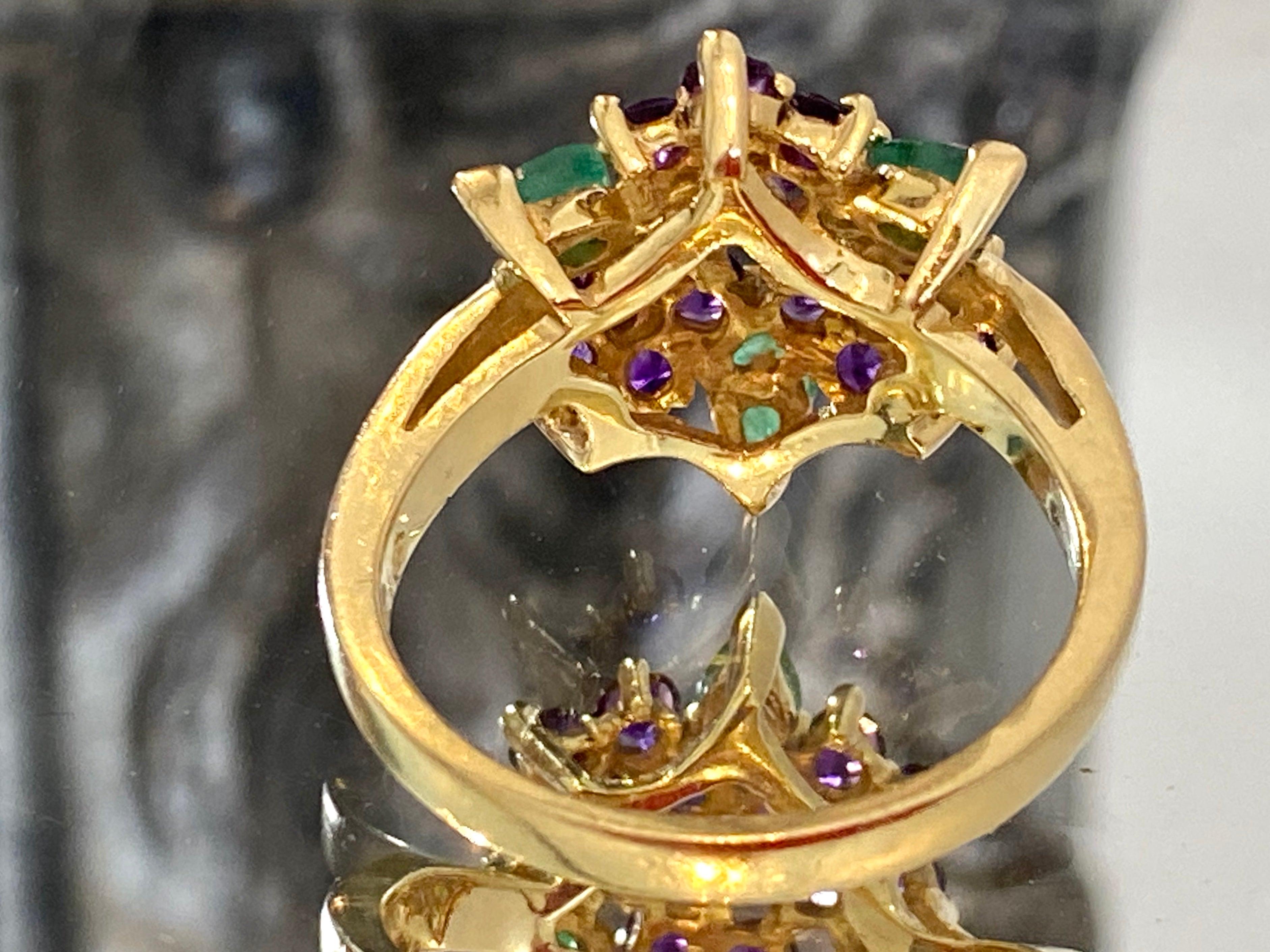 Women's Faberge 18k Gold Ring With Diamonds, Amethyst & Emeralds