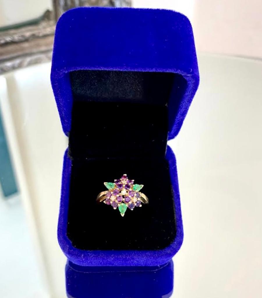 Faberge 18k Gold Ring With Diamonds, Amethyst & Emeralds 2