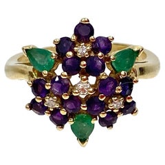 Faberge 18k Gold Ring With Diamonds, Amethyst & Emeralds
