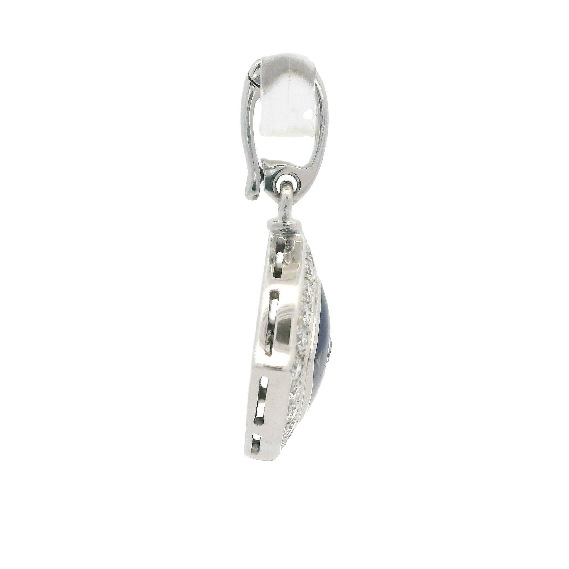 Taille brillant Fabergé 18k or blanc 0.58ctw Diamond w/ Blue Enamel Work Enhancer Bail Pendentif en vente