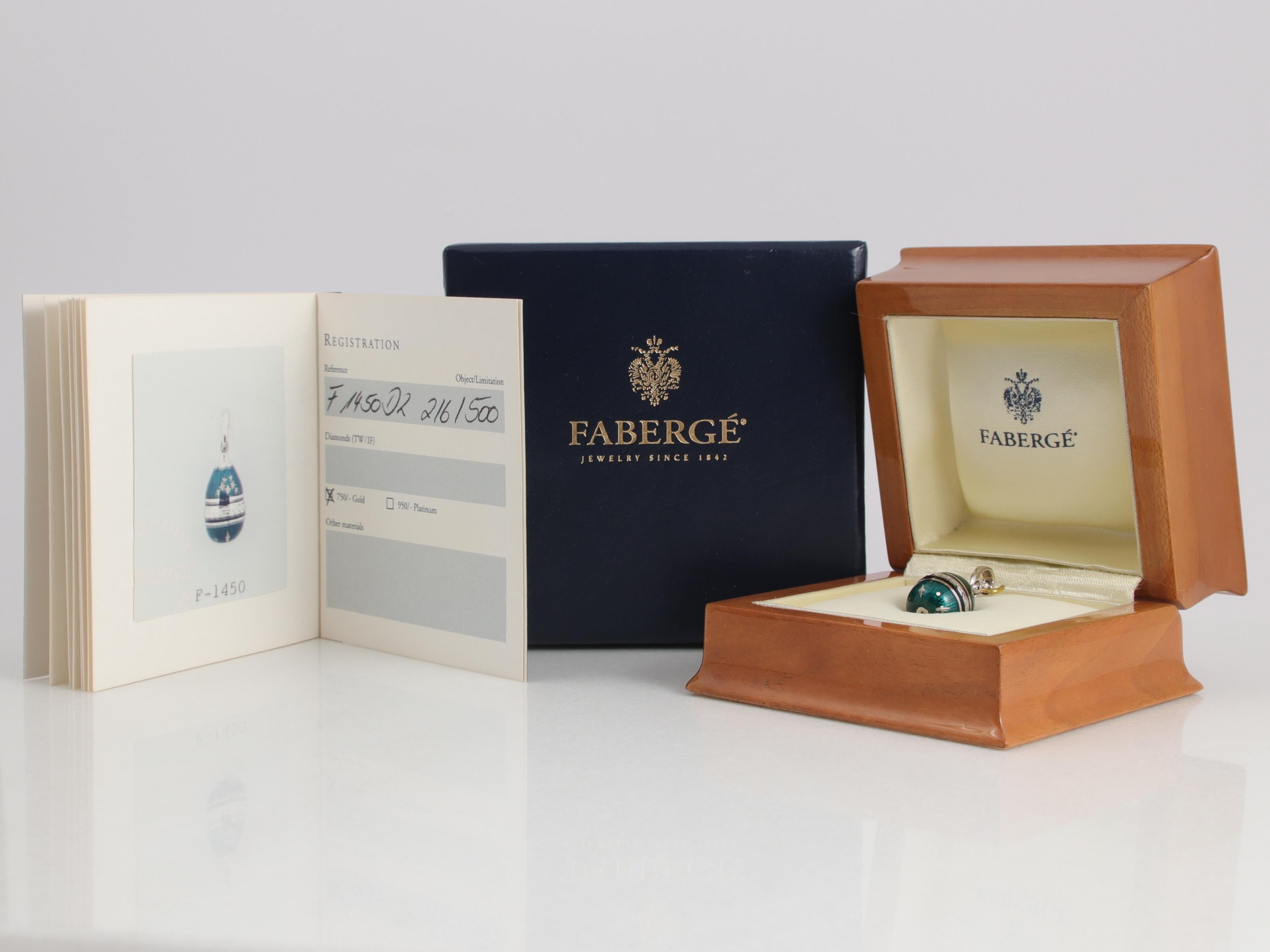 Fabergé 18K White Gold and Green Enamel Egg Pendant Necklace - Limited Edition 1