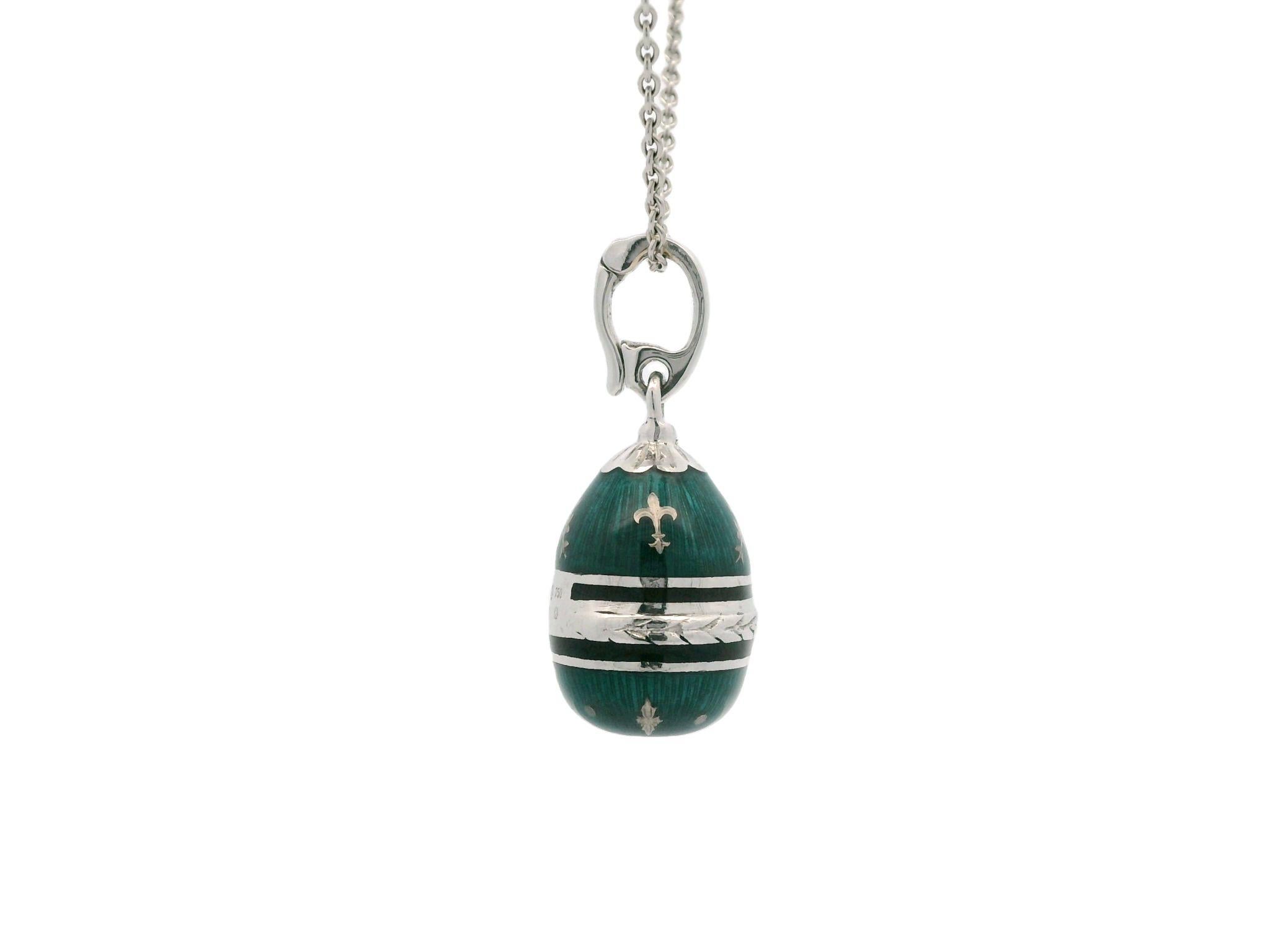 Fabergé 18K White Gold and Green Enamel Egg Pendant Necklace - Limited Edition 2