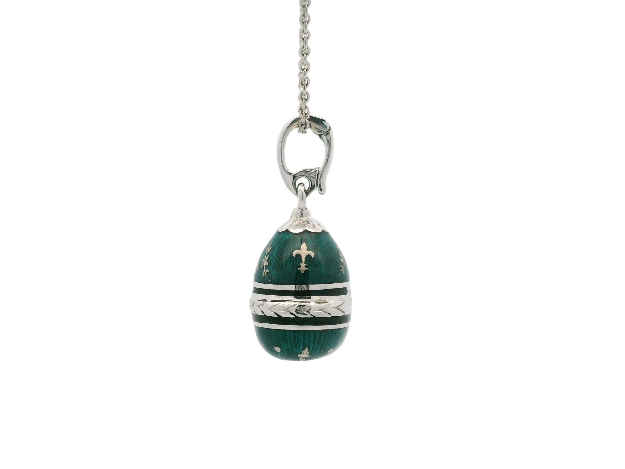 Fabergé 18K White Gold and Green Enamel Egg Pendant Necklace - Limited Edition 3