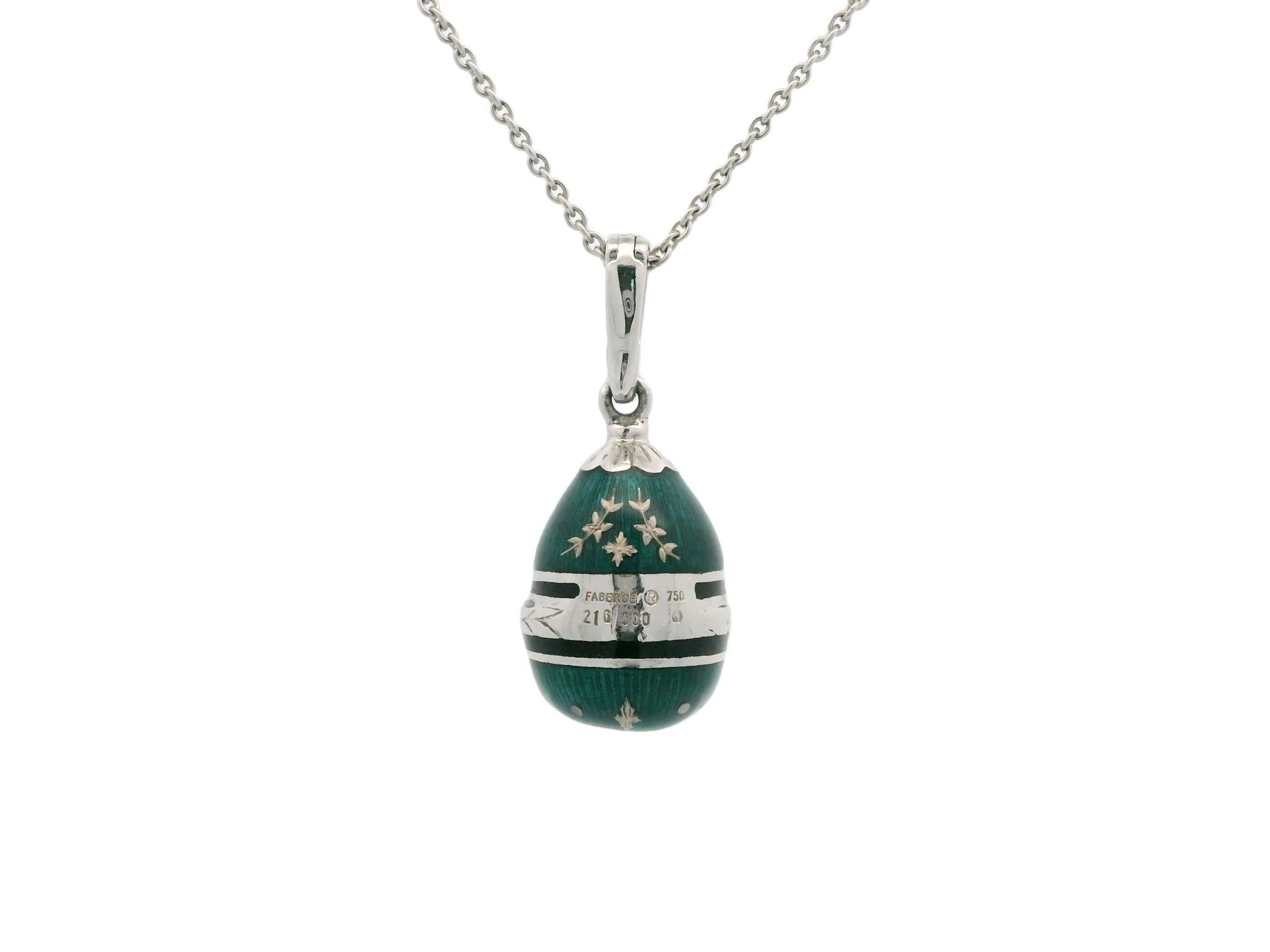 Fabergé 18K White Gold and Green Enamel Egg Pendant Necklace - Limited Edition 4