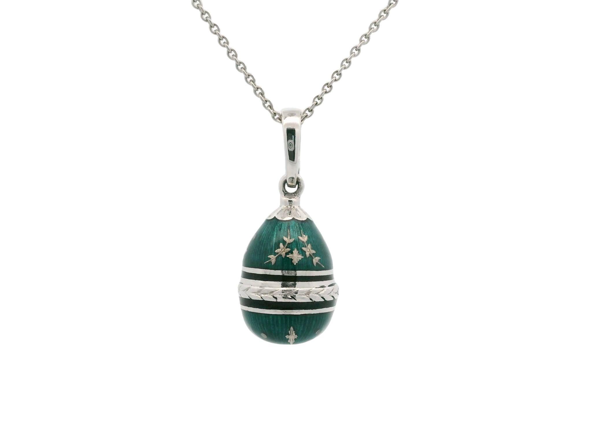 Fabergé 18K White Gold and Green Enamel Egg Pendant Necklace - Limited Edition 5