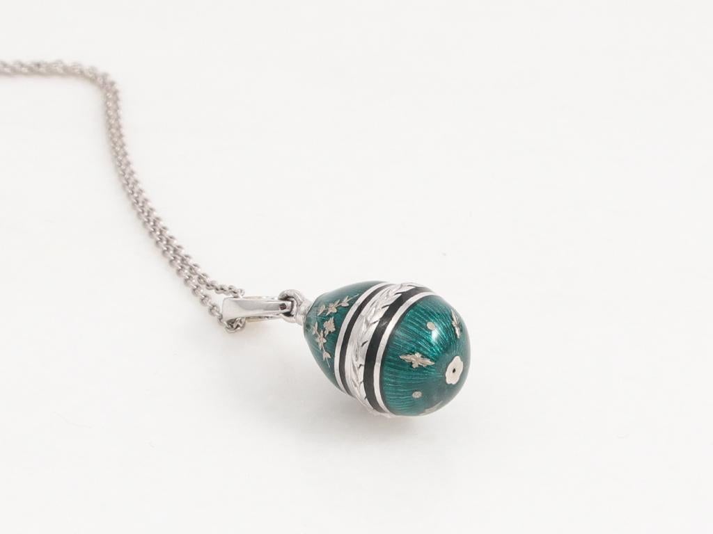 Russian Empire Fabergé 18K White Gold and Green Enamel Egg Pendant Necklace - Limited Edition