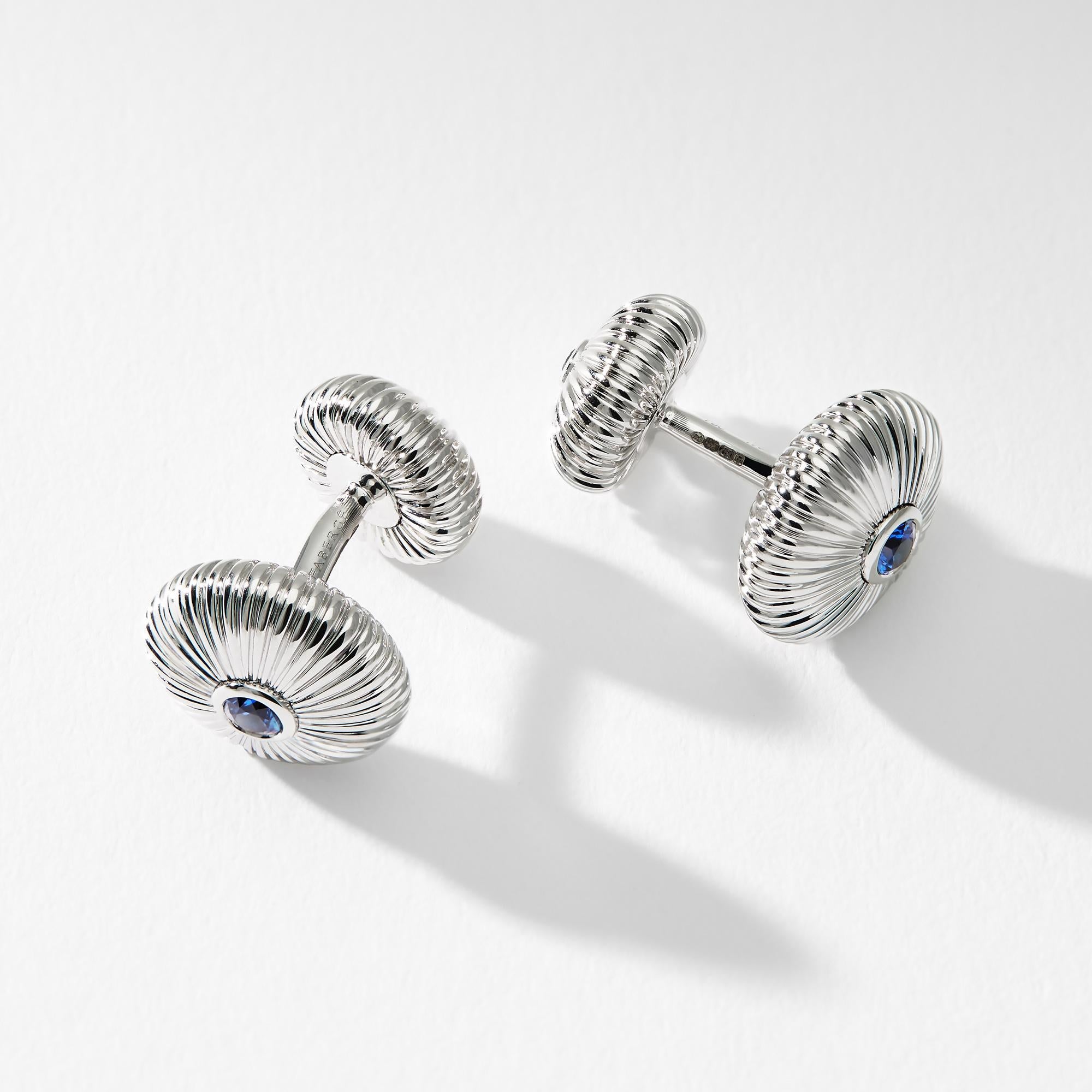 Round Cut Fabergé 18K White Gold Blue Sapphire Round Fluted Cufflinks For Sale