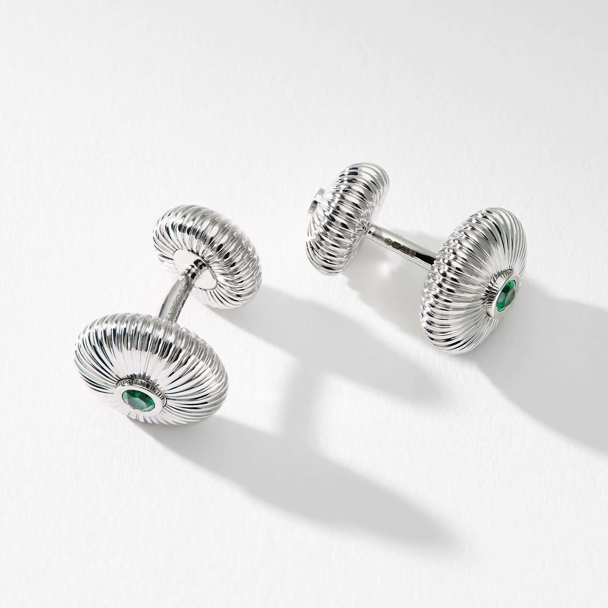 Round Cut Fabergé 18K White Gold Emerald Round Fluted Cufflinks For Sale