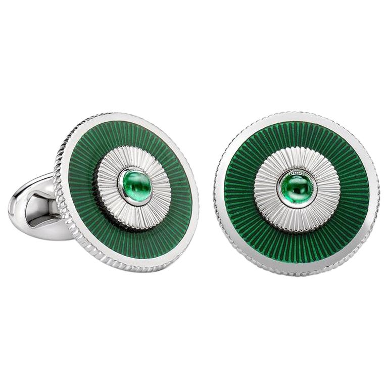 Fabergé 18K White Gold Enamel Cufflinks With Green Guilloché Enamel For Sale