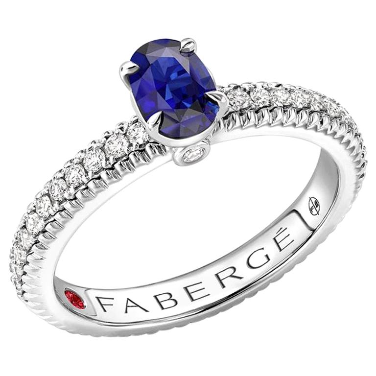 Fabergé 18K White Gold Sapphire Fluted Ring with Diamond Shoulders For Sale