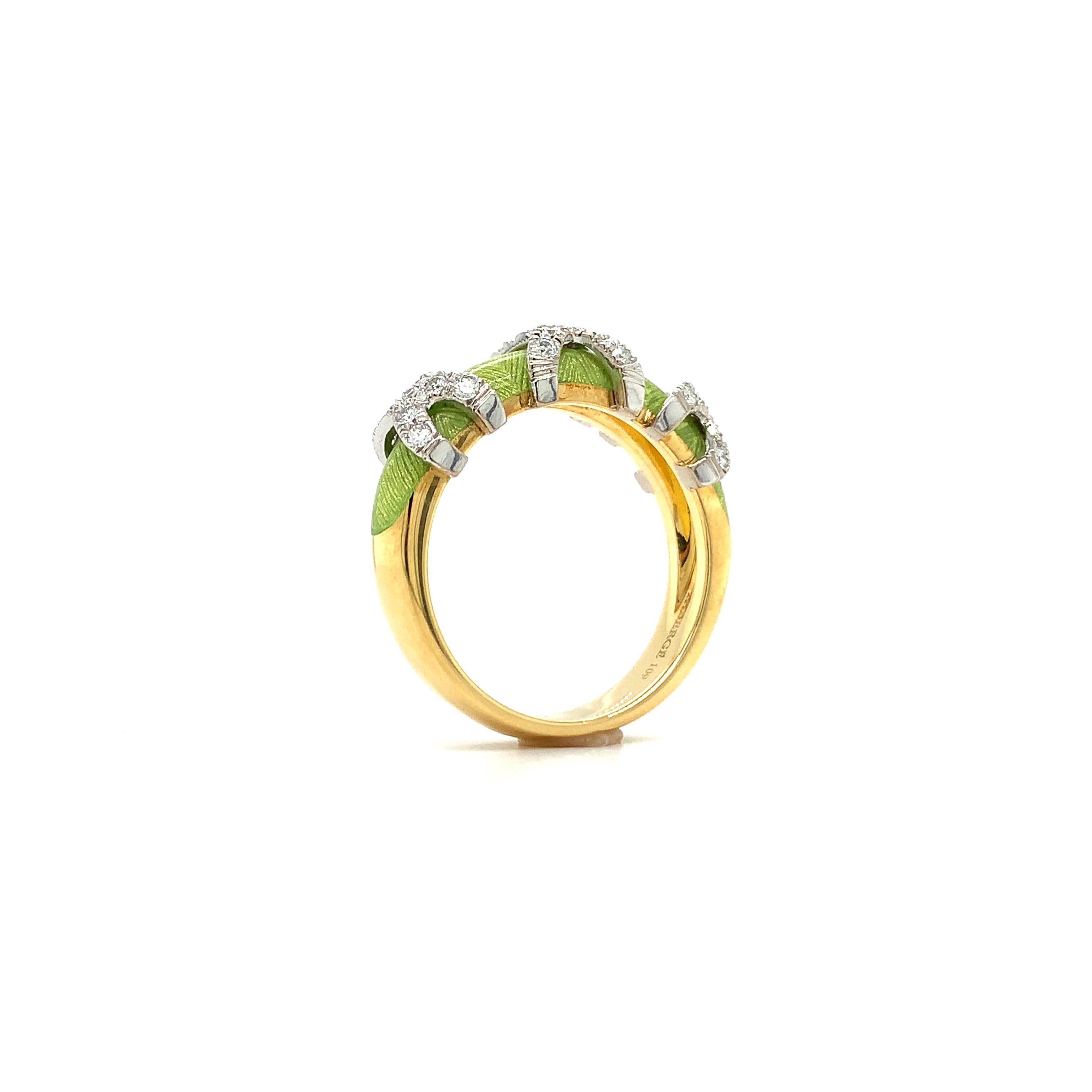 Brilliant Cut Fabergé Green Enamel Ring Xenia 18k Yellow and White Gold 27 Diamonds 0.27 ct