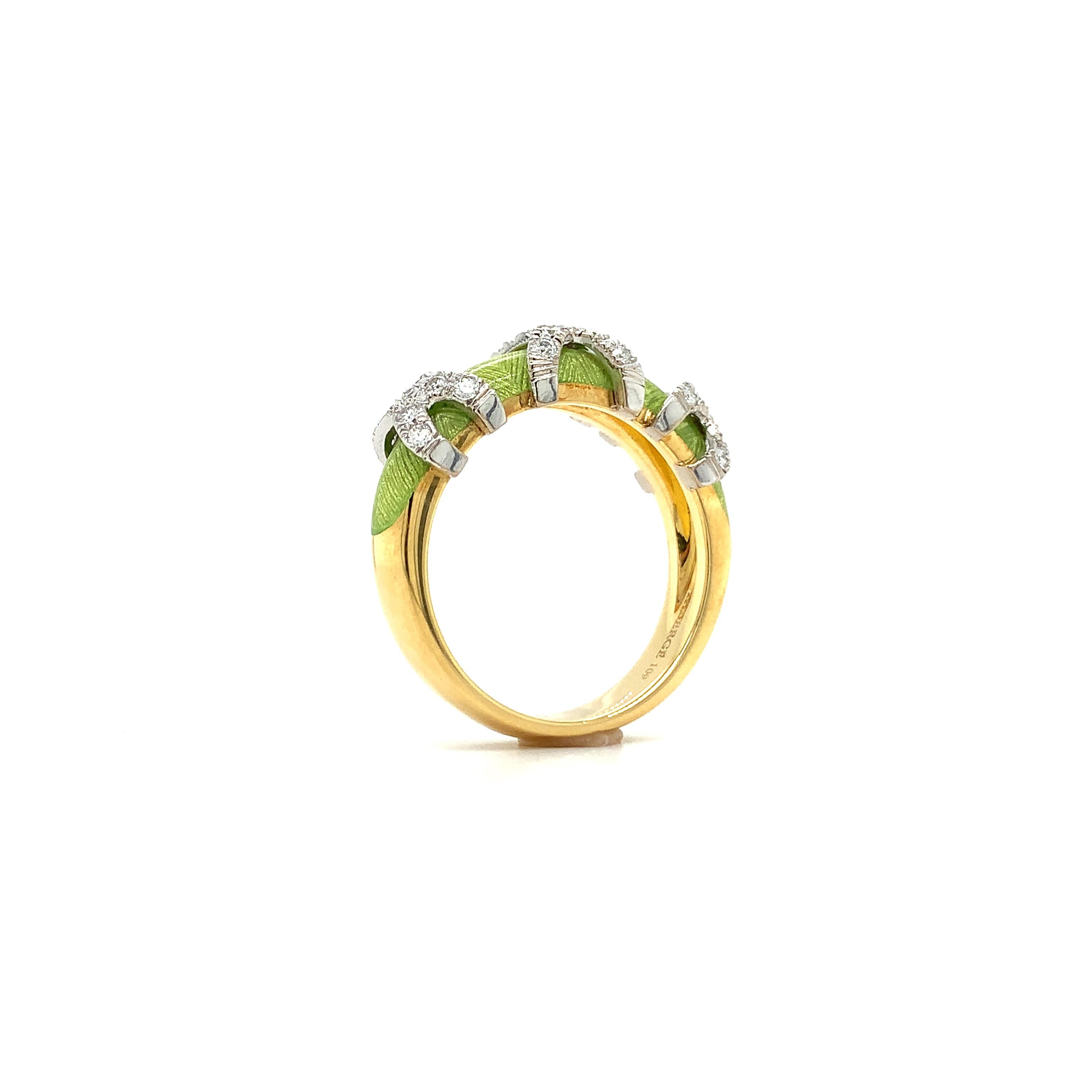 Brilliant Cut Fabergé Green Enamel Ring Xenia 18k Yellow and White Gold 27 Diamonds 0.27 ct For Sale