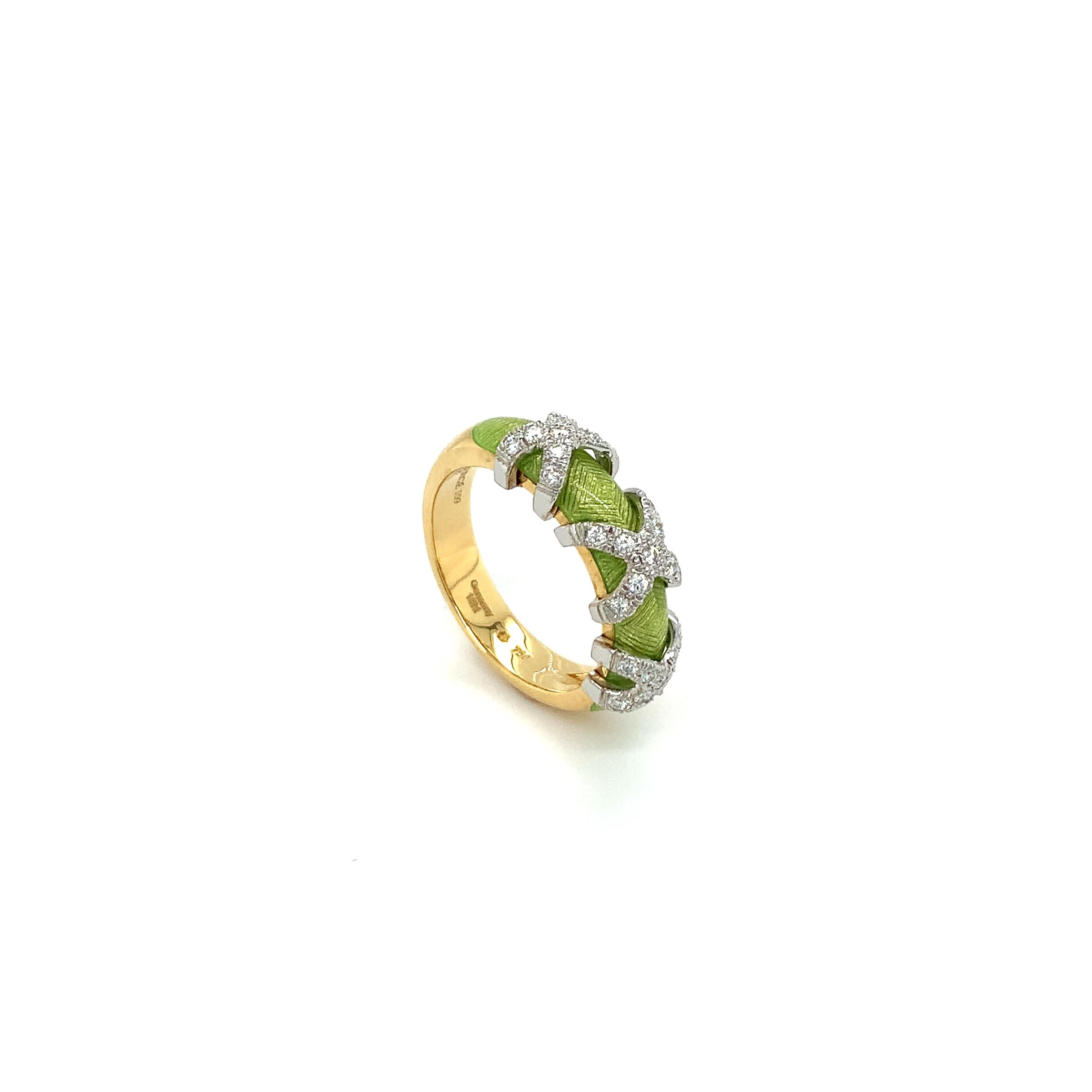 Art Deco Fabergé Green Enamel Ring Xenia 18k Yellow and White Gold 27 Diamonds 0.27 ct For Sale