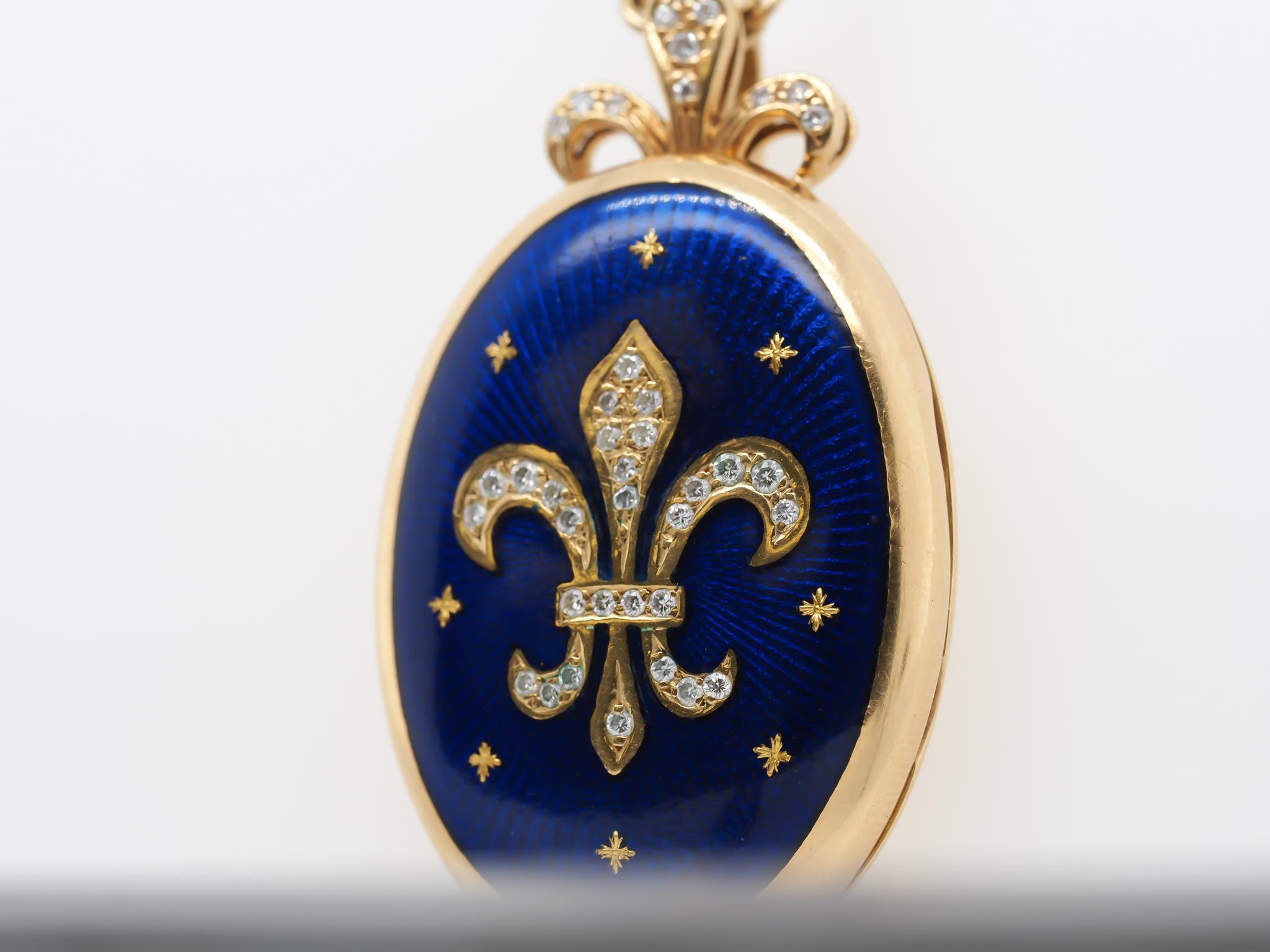 Faberge 18K Yellow Gold and Diamond Fleur De Lis Necklace and Pendant Locket For Sale 9