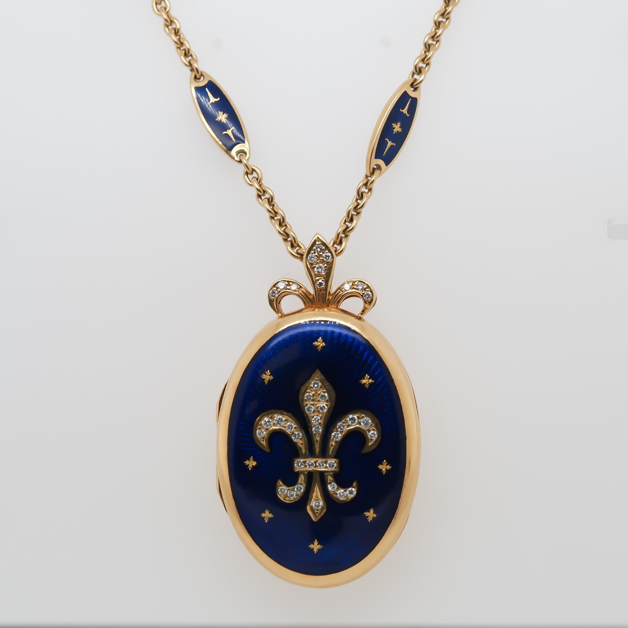 Faberge 18K Yellow Gold and Diamond Fleur De Lis Necklace and Pendant Locket For Sale 11