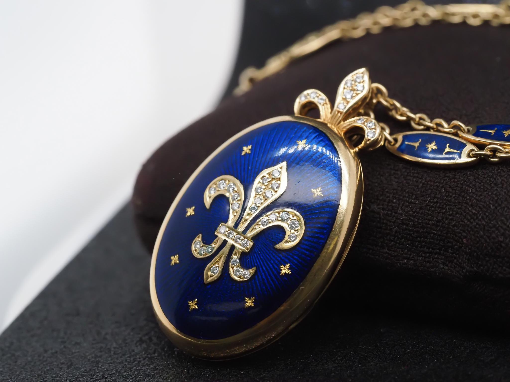 Faberge 18K Yellow Gold and Diamond Fleur De Lis Necklace and Pendant Locket For Sale 3