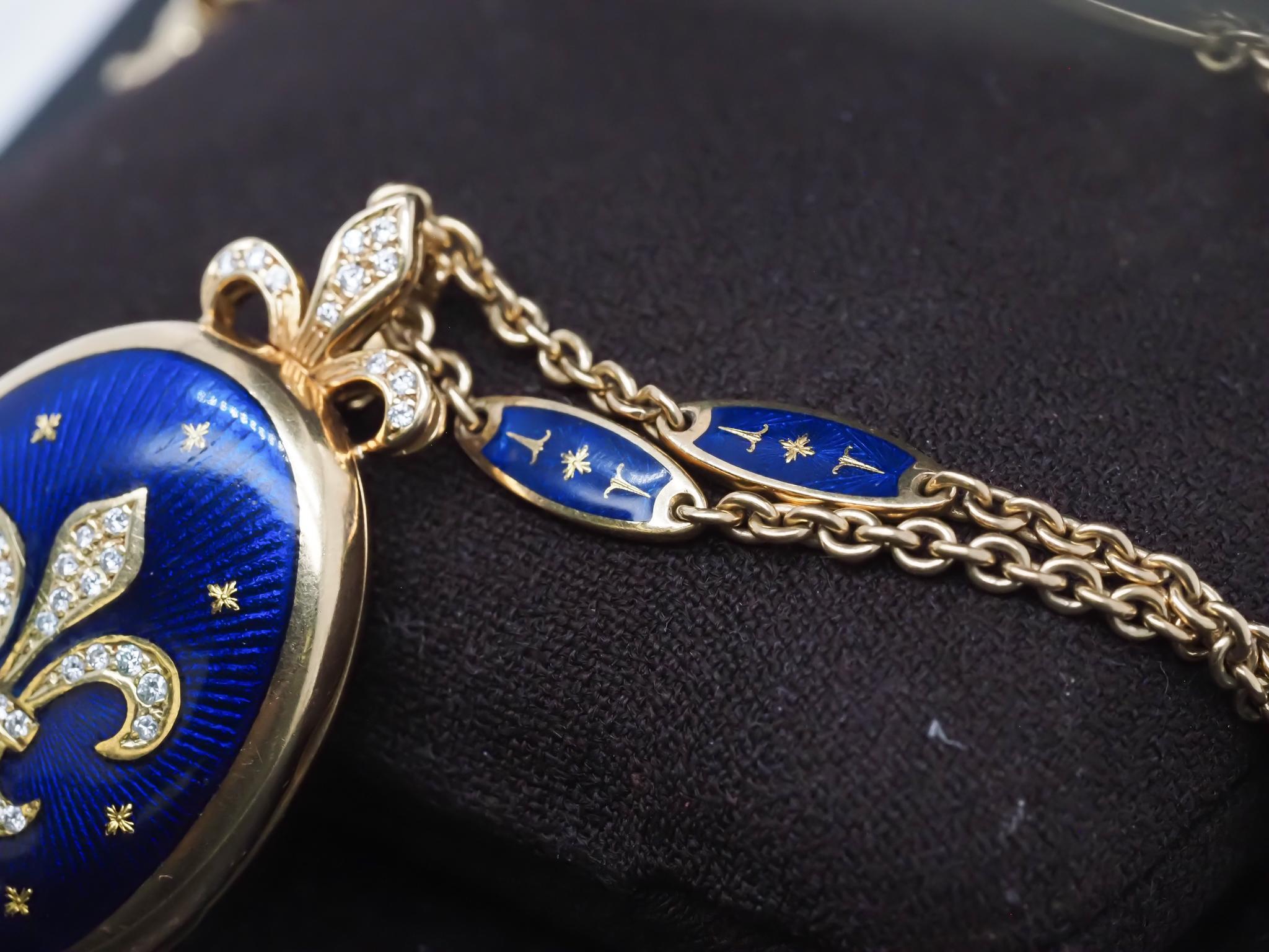 Faberge 18K Yellow Gold and Diamond Fleur De Lis Necklace and Pendant Locket For Sale 4