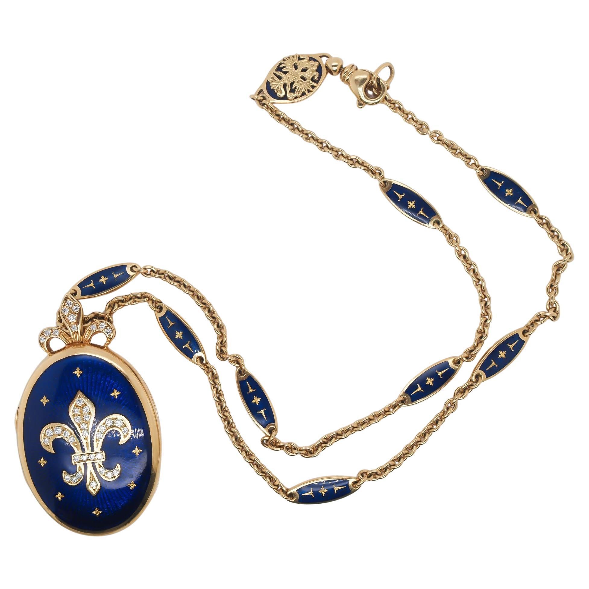 Collar y medallón Faberge Flor de Lis en oro amarillo de 18 quilates y diamantes