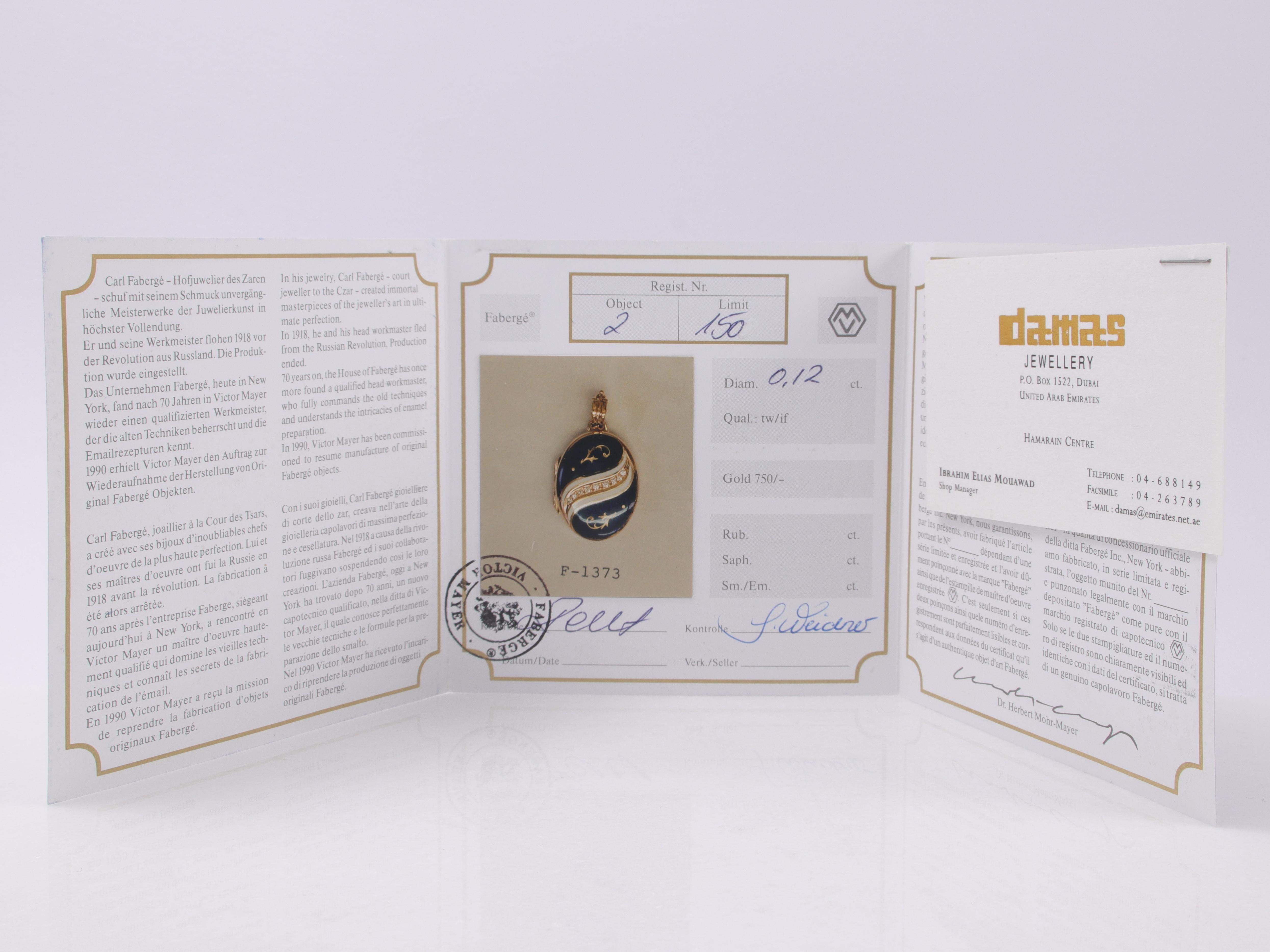 Fabergé or jaune 18k, médaillon ovale en émail bleu guilloché avec 9 diamants #2/150 en vente 7