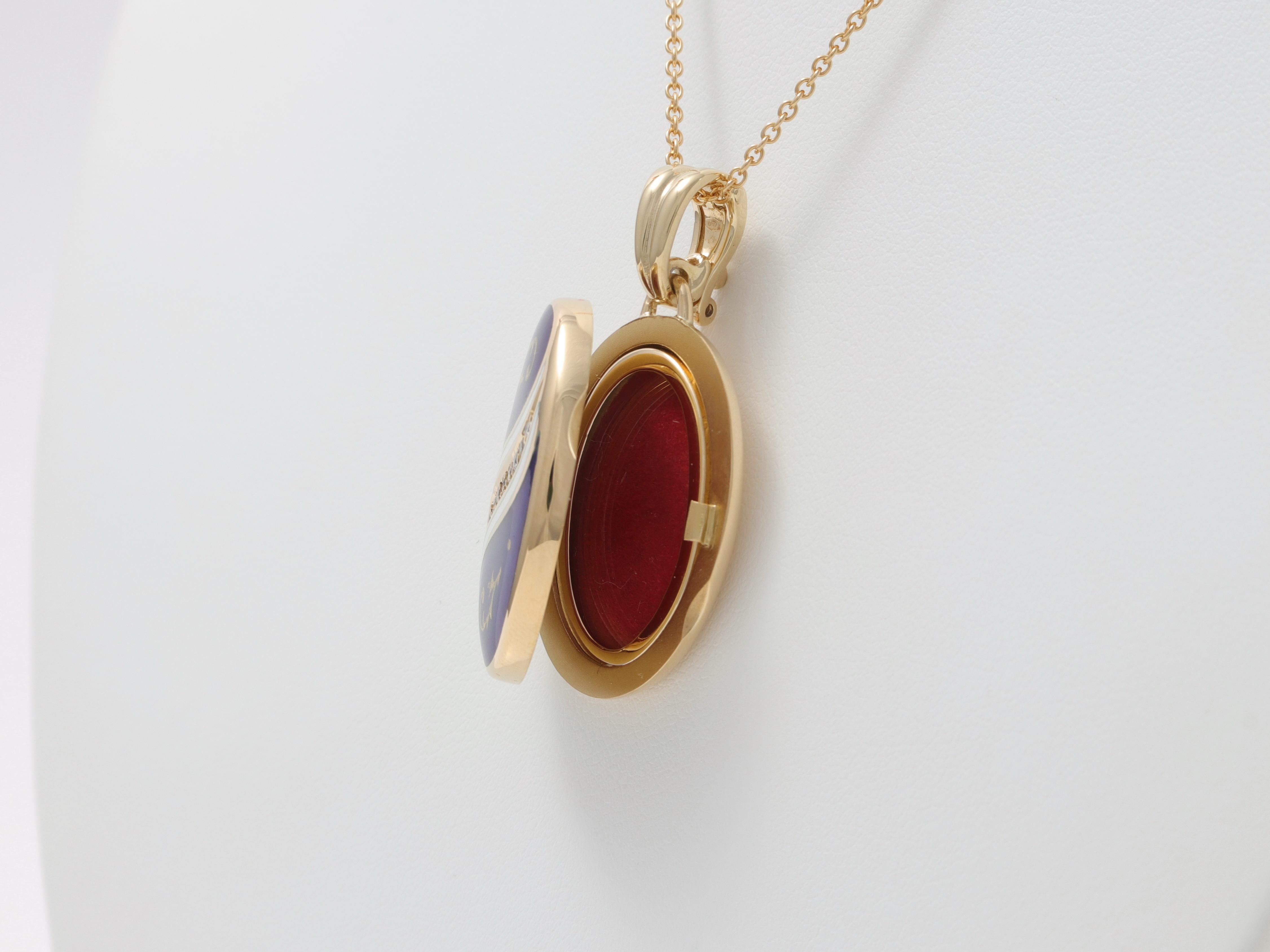 Fabergé or jaune 18k, médaillon ovale en émail bleu guilloché avec 9 diamants #2/150 Bon état - En vente à Pforzheim, DE