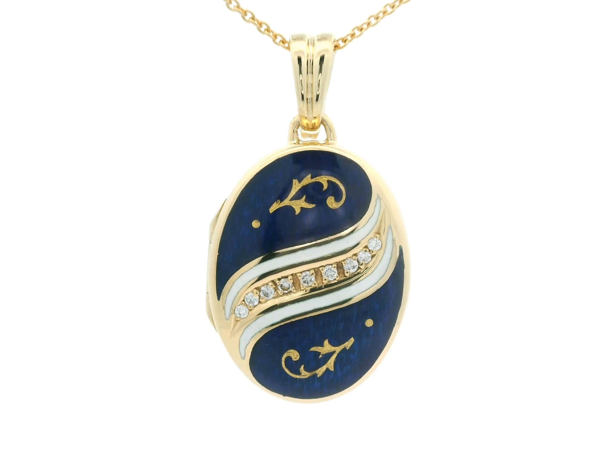 Fabergé or jaune 18k, médaillon ovale en émail bleu guilloché avec 9 diamants #2/150 en vente 1