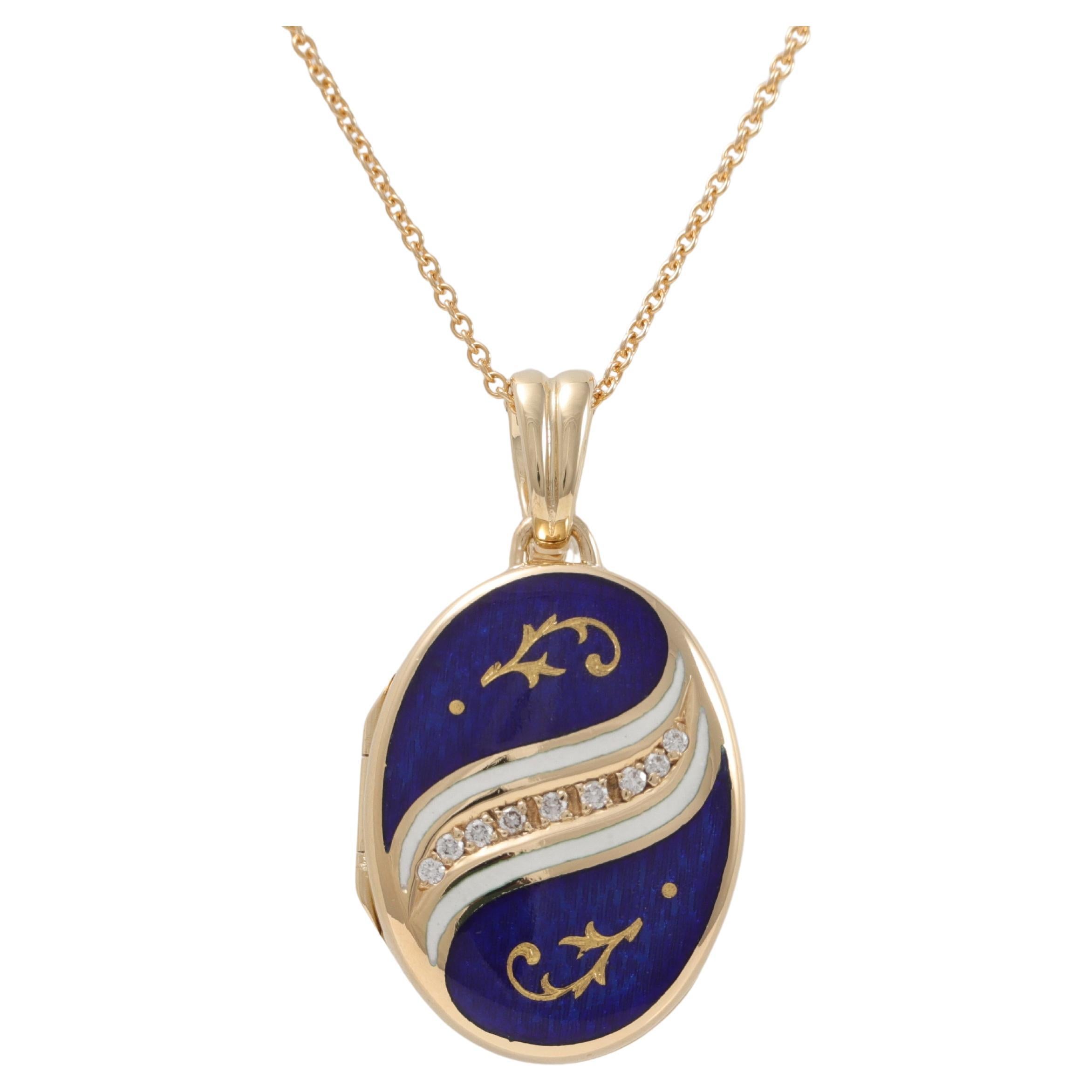 Fabergé, oro giallo 18k, smalto blu guilloché, medaglione ovale con 9 diamanti #2/150