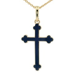 Fabergé 18k Yellow Gold Cross Pendant Royal Blue Guilloche Enamel Enhancer Bale
