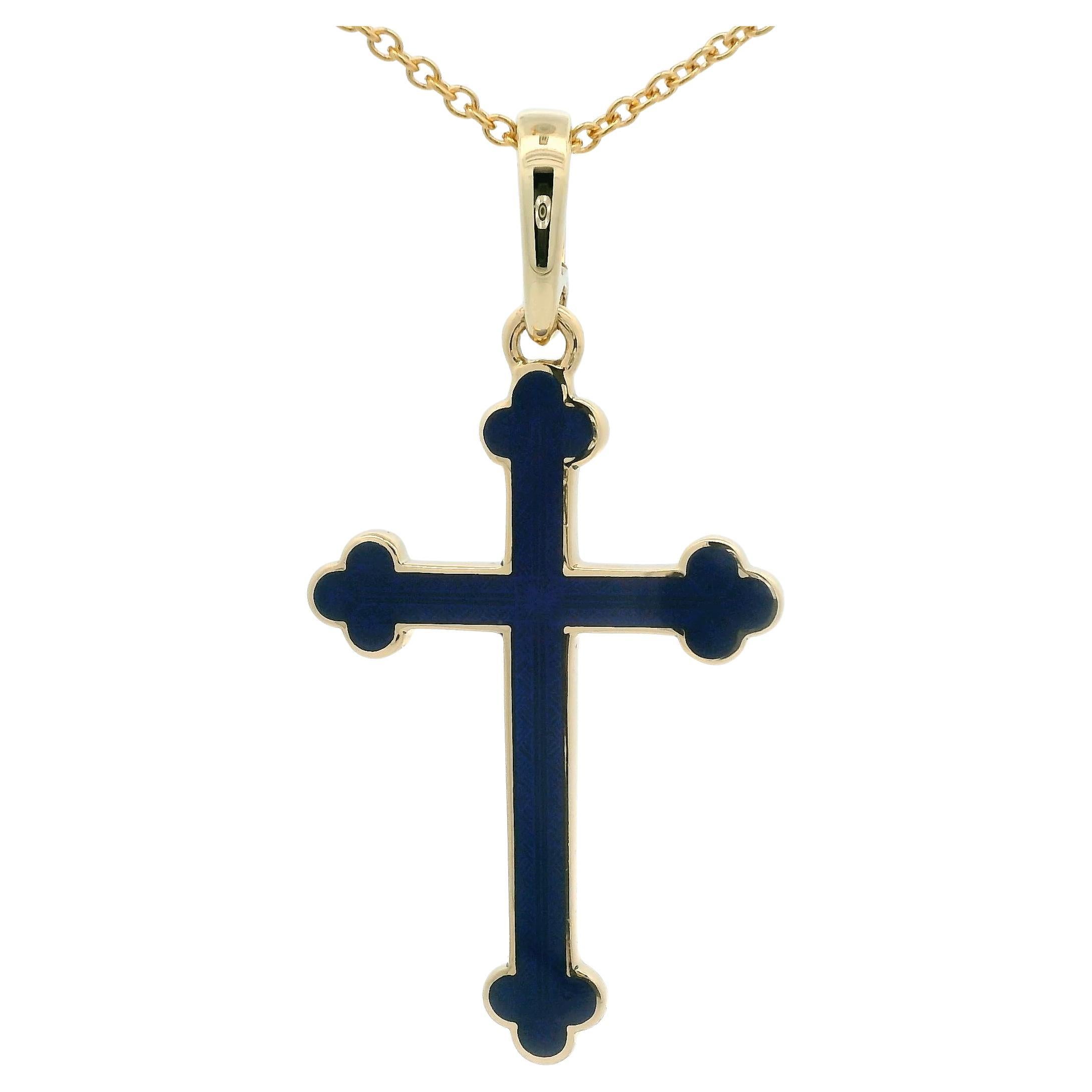 Fabergé Pendentif Croix en or jaune 18k émail guilloché bleu royal rehausseur de balle