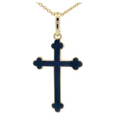 Fabergé Pendentif Croix en or jaune 18k émail guilloché bleu royal rehausseur de balle