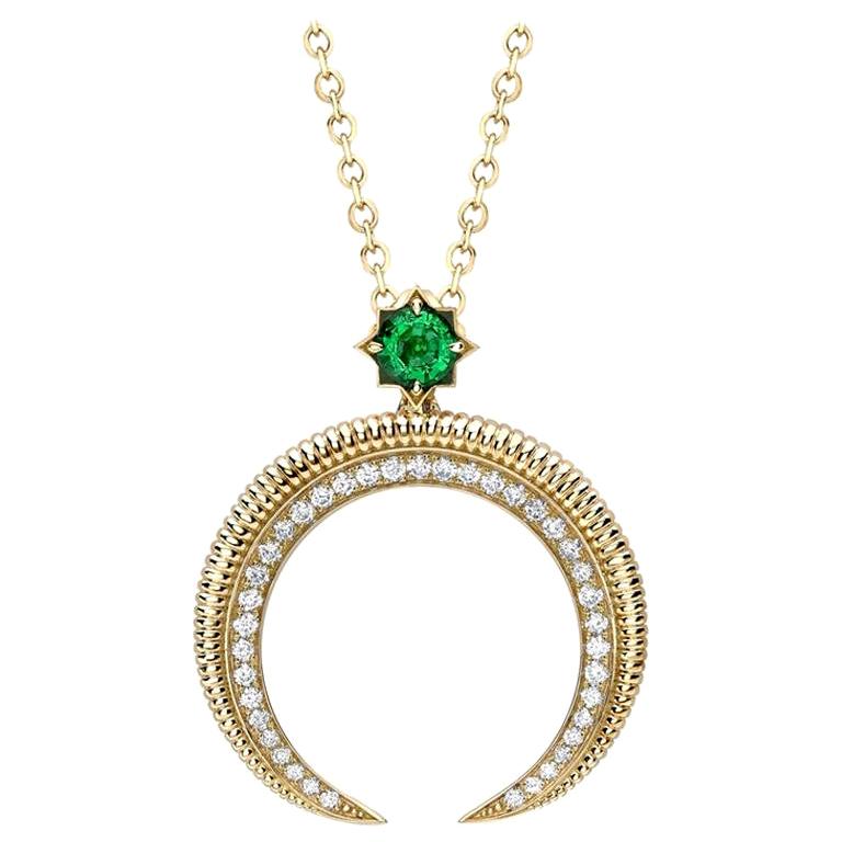 Fabergé 18k Yellow gold Emerald and Diamond Hilal Crescent Pendant For Sale