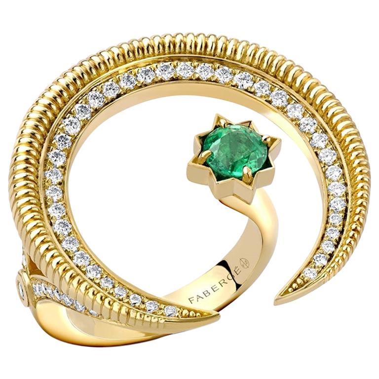 Fabergé 18k Yellow Gold Emerald Hilal Crescent Ring with Split Shank, US Clients For Sale