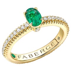 Faberge 18k Yellow Gold Emerald Fluted Ring with Diamond Shoulders