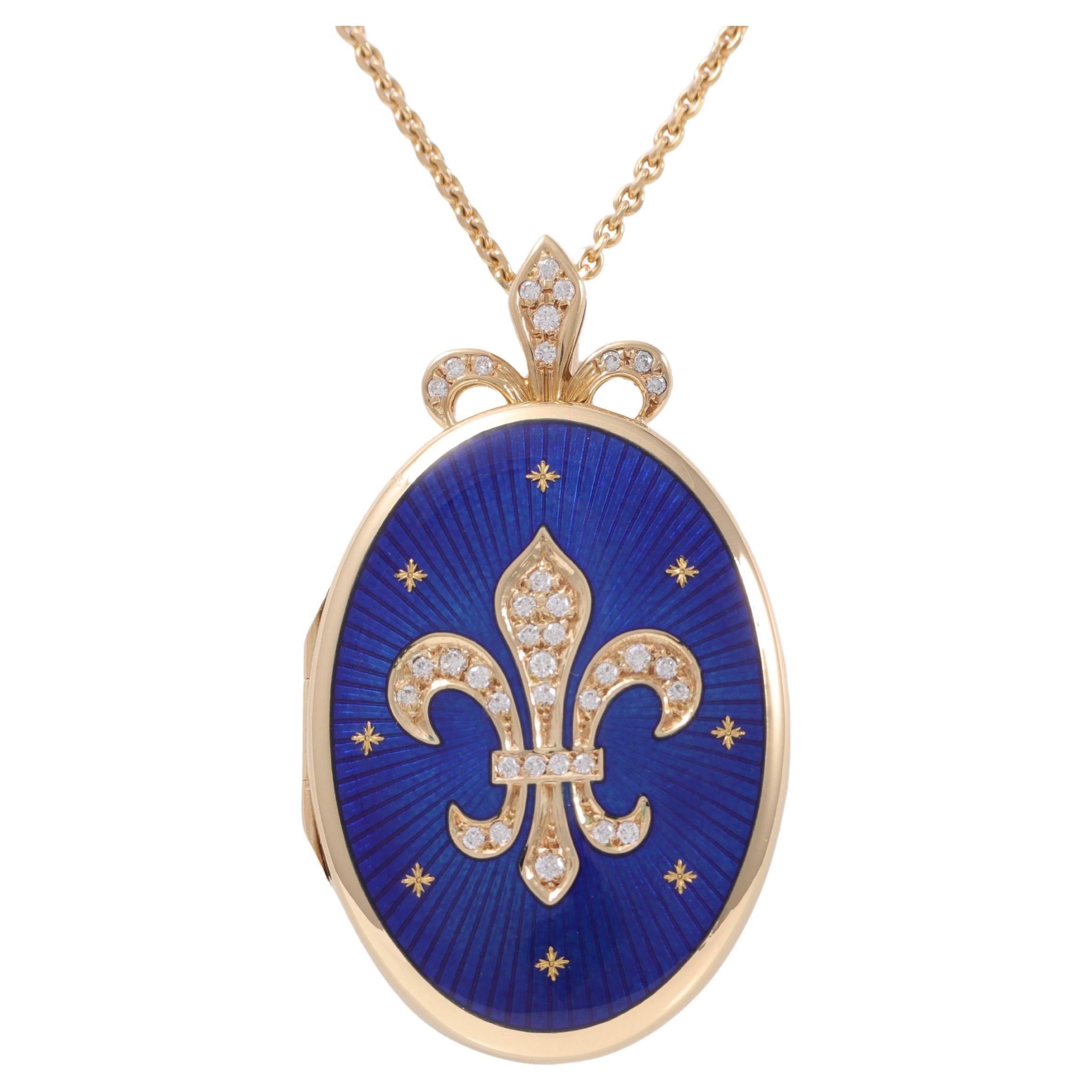 Fabergé 18k Gelbgold Oval Blau Emaille Medaillon Anhänger 37 Diamanten Fleur de Lys im Angebot