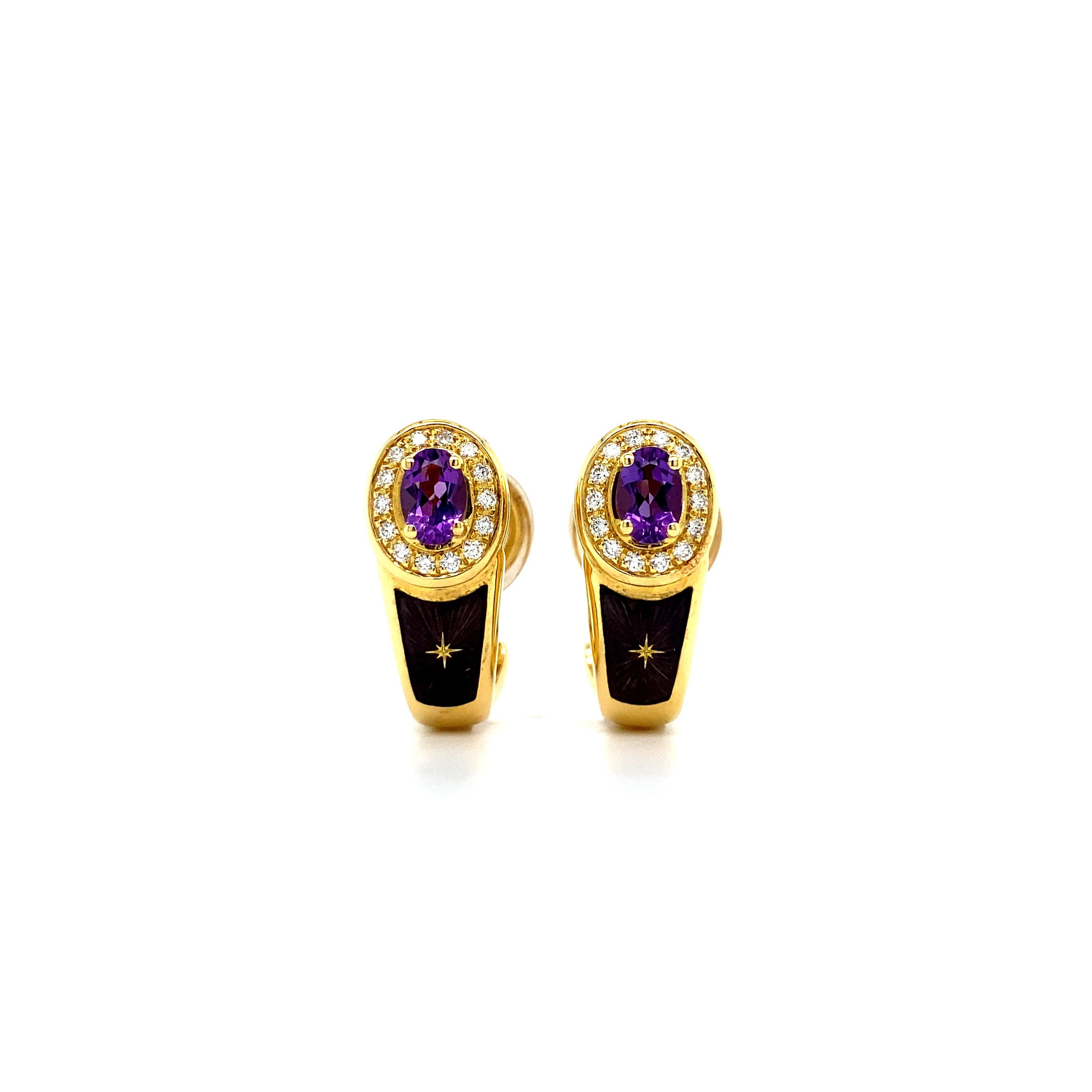 Limited edition Fabergé 18k yellow gold purple enamel earrings, amethyst, 28 diamonds total 0,280 ct G/IF, limited edition, No. 47 of 1000, with certificate of authenticity. 

For two decades (1989 to 2009) the renowned German jewellery firm VICTOR