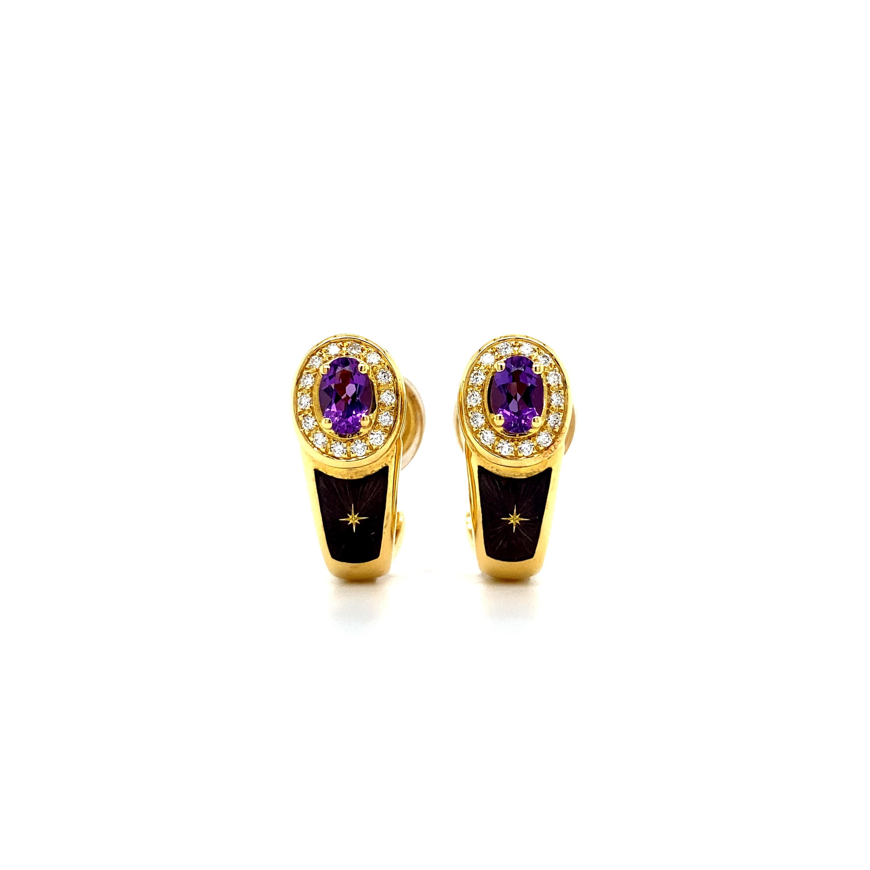 Limitierte Auflage Fabergé 18k Gelbgold lila Emaille-Ohrringe, Amethyst, 28 Diamanten insgesamt 0,280 ct G/IF, limitierte Auflage, Nr. 47 von 1000, mit Echtheitszertifikat. 

Zwei Jahrzehnte lang (1989 bis 2009) war das renommierte deutsche