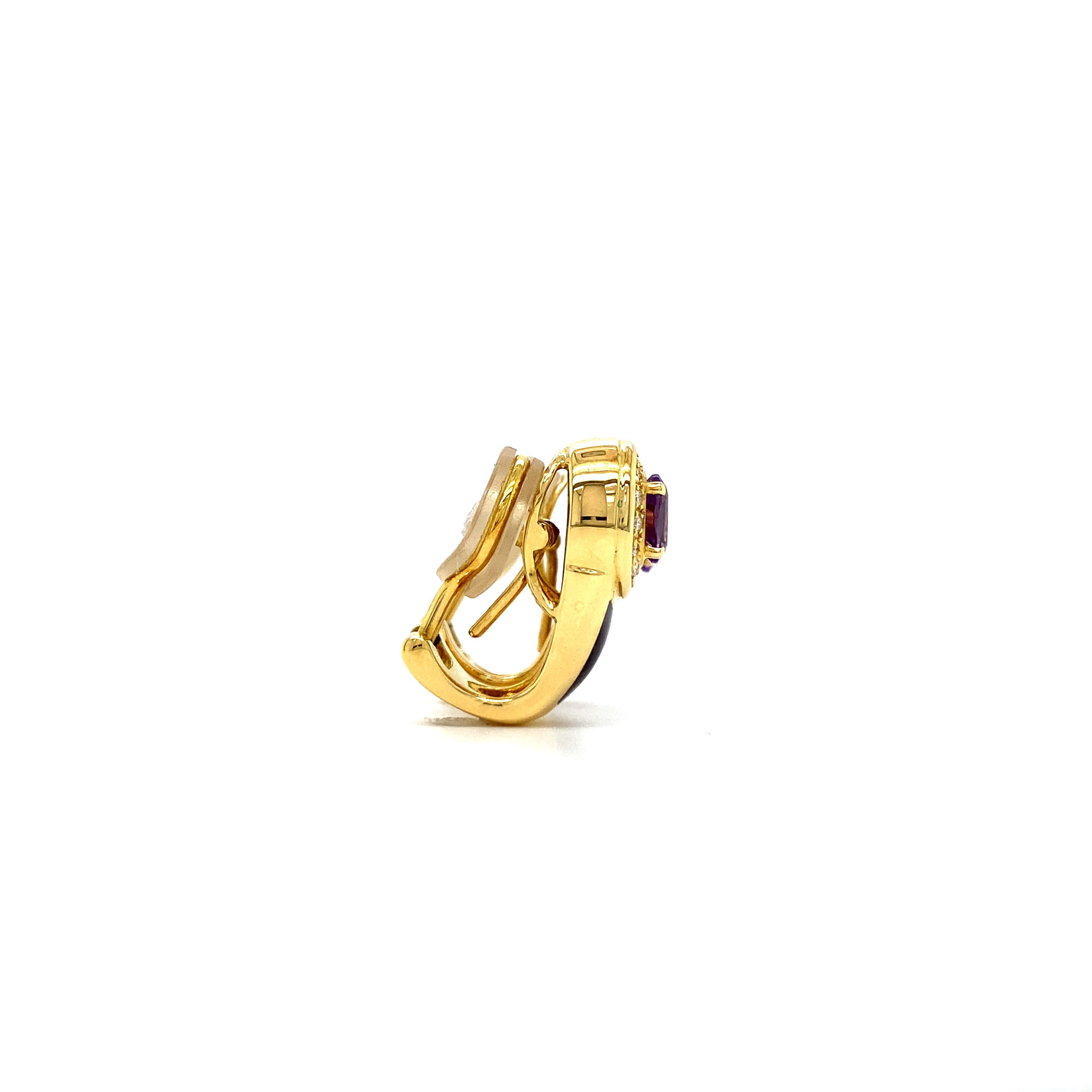 Contemporary Fabergé Amethyst Purple Enamel Earrings 18k Yellow Gold 28 Diamonds 0.28 ct For Sale