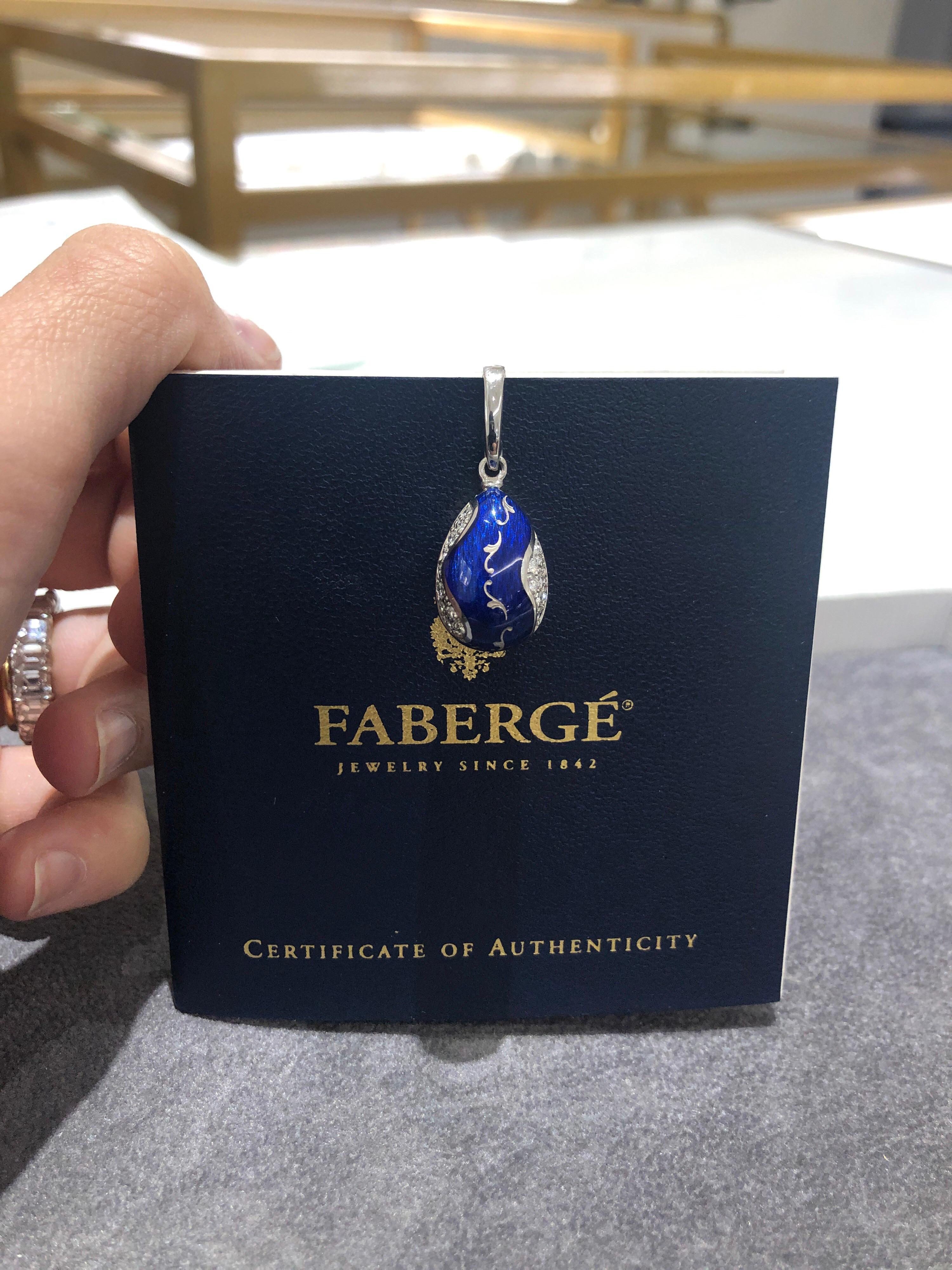 Art Nouveau Modern Faberge 18KT Gold, Blue Enamel.25Ct Diamond Egg Pendant with Certificate For Sale