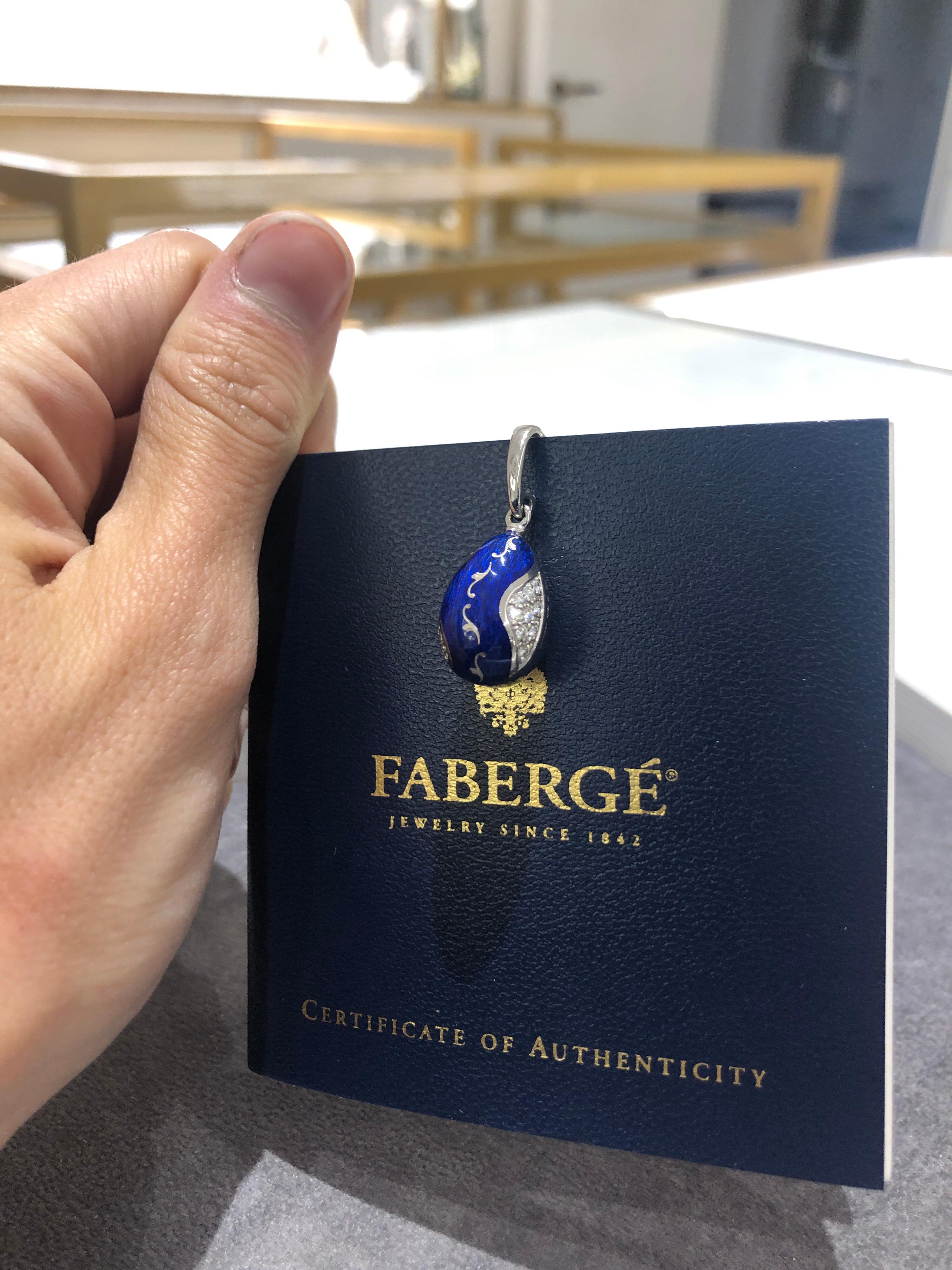 Round Cut Modern Faberge 18KT Gold, Blue Enamel.25Ct Diamond Egg Pendant with Certificate For Sale