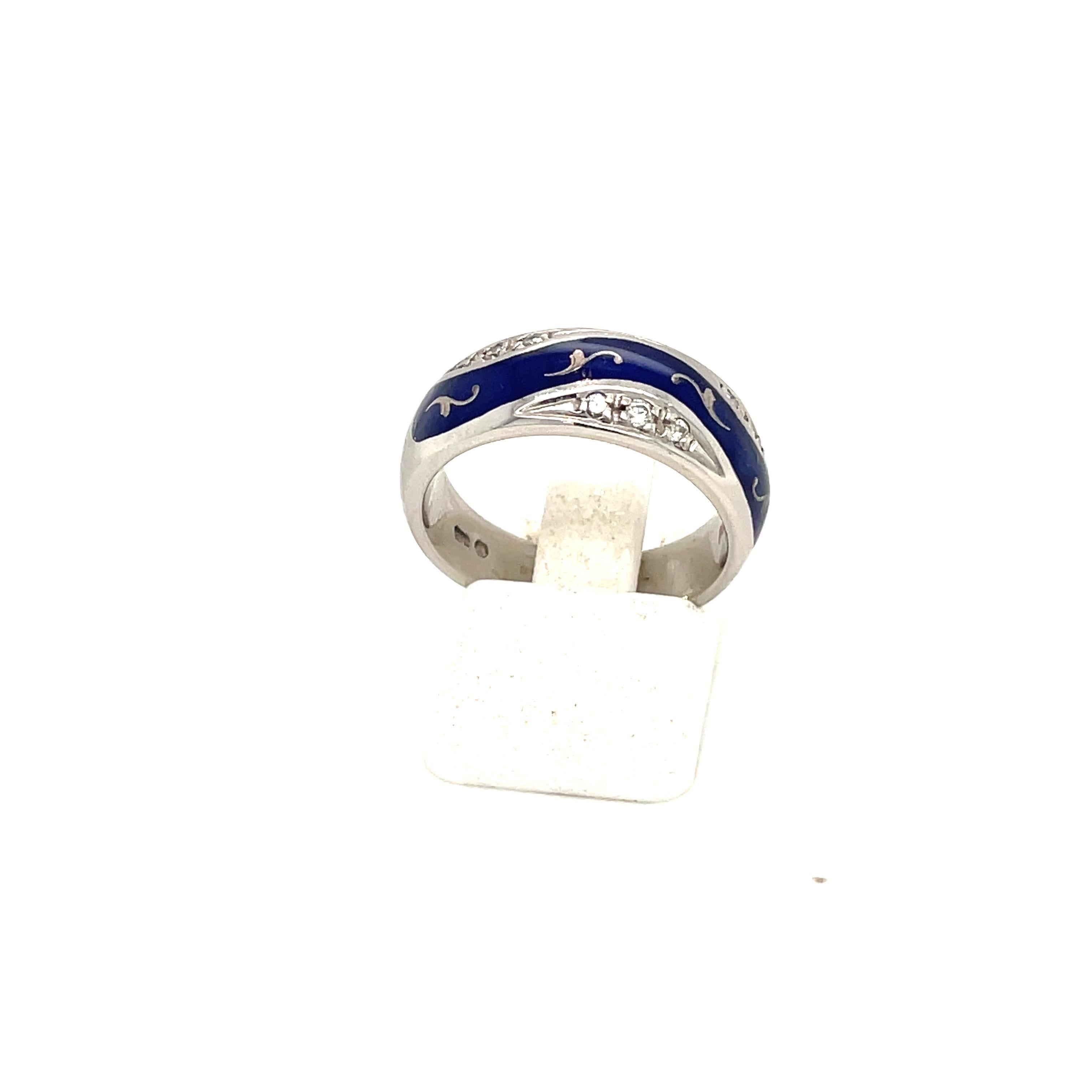 Art Nouveau Faberge 18KT Gold Diamond 0.15Ct. & Blue Enamel Band Ring #67/1000, Certificate For Sale