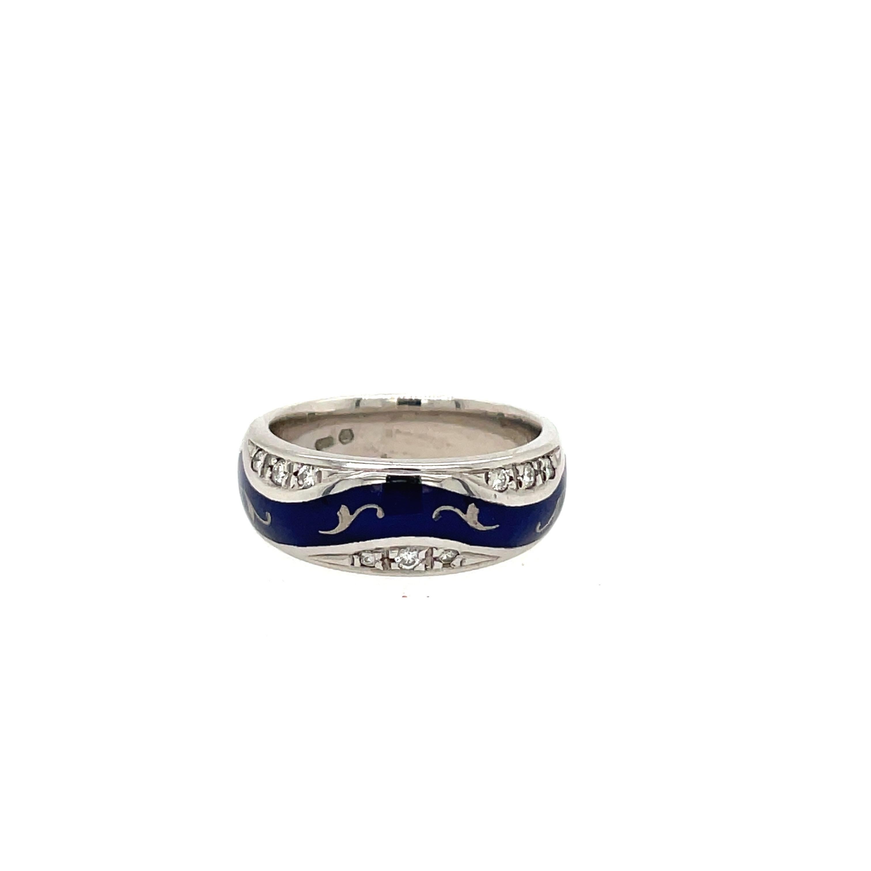 Round Cut Faberge 18KT Gold Diamond 0.15Ct. & Blue Enamel Band Ring #67/1000, Certificate For Sale