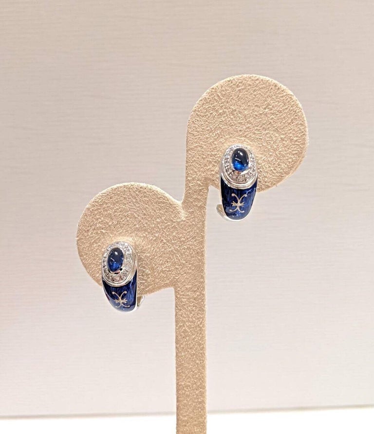 Contemporary Modern Faberge Gold Diamond Cabochon Sapphire and Enamel Earrings For Sale