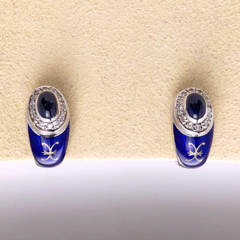 Oval Cut Modern Faberge Gold Diamond Cabochon Sapphire and Enamel Earrings For Sale