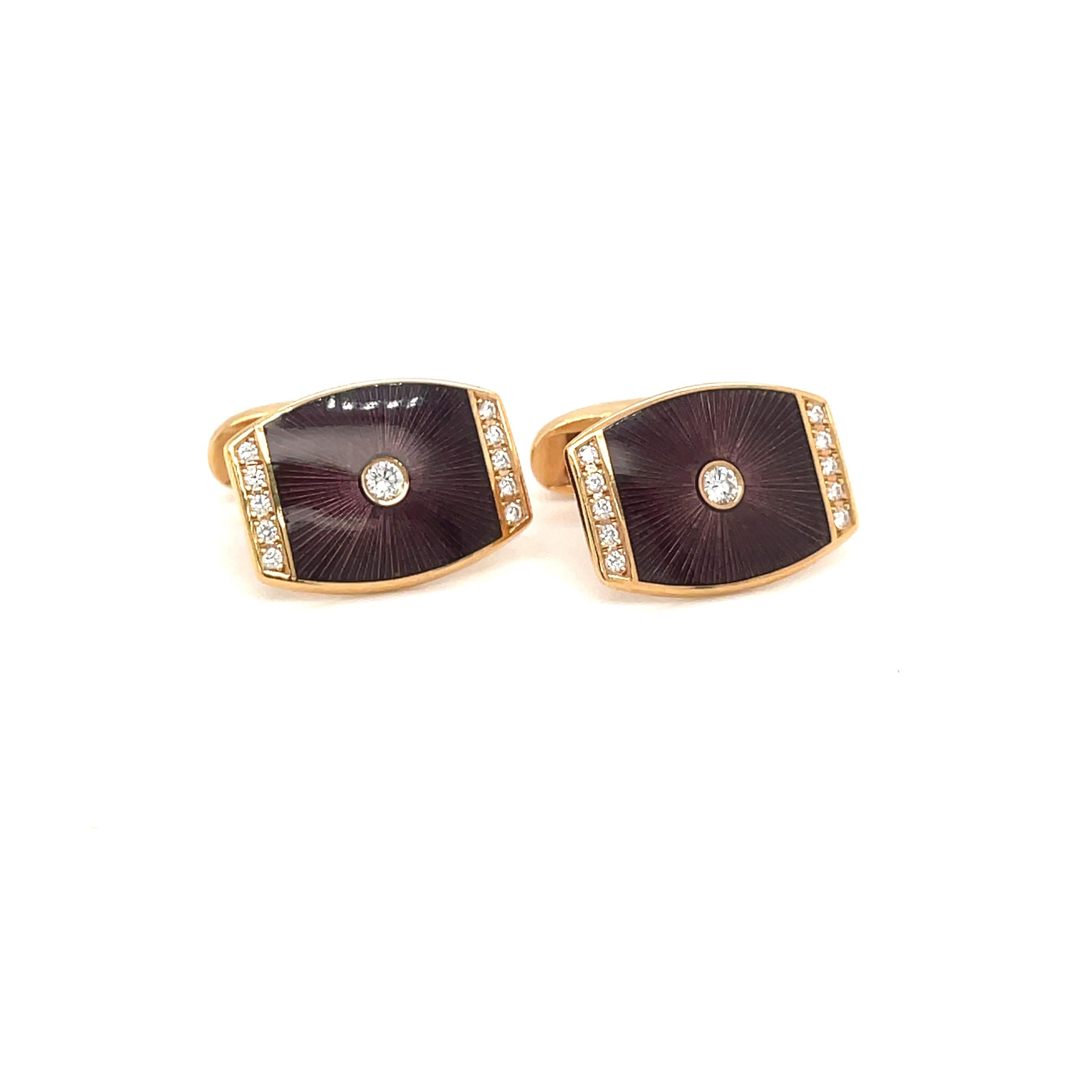 These modern Faberge 18 karat rose gold cuff links are crafted in an eggplant ( purplish brownish ) guilloche enamel with round brilliant diamonds.
The cuff links were created by Victor Mayor. Crafted in the tradition of the original Imperial eggs