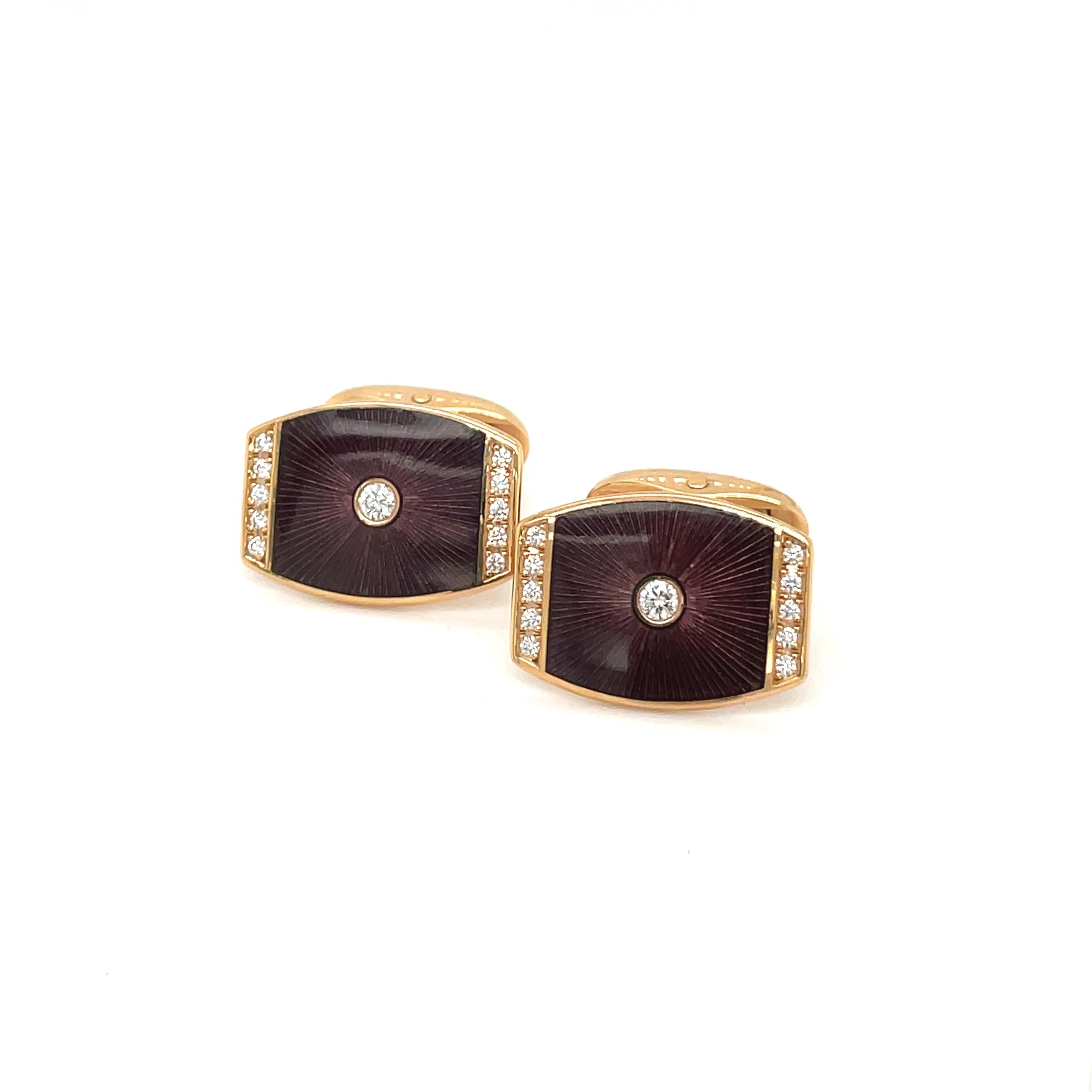 Art Nouveau Faberge 18kt Rose Gold Enamel and Diamond 0.32ct Cuff Links #135/1000 For Sale