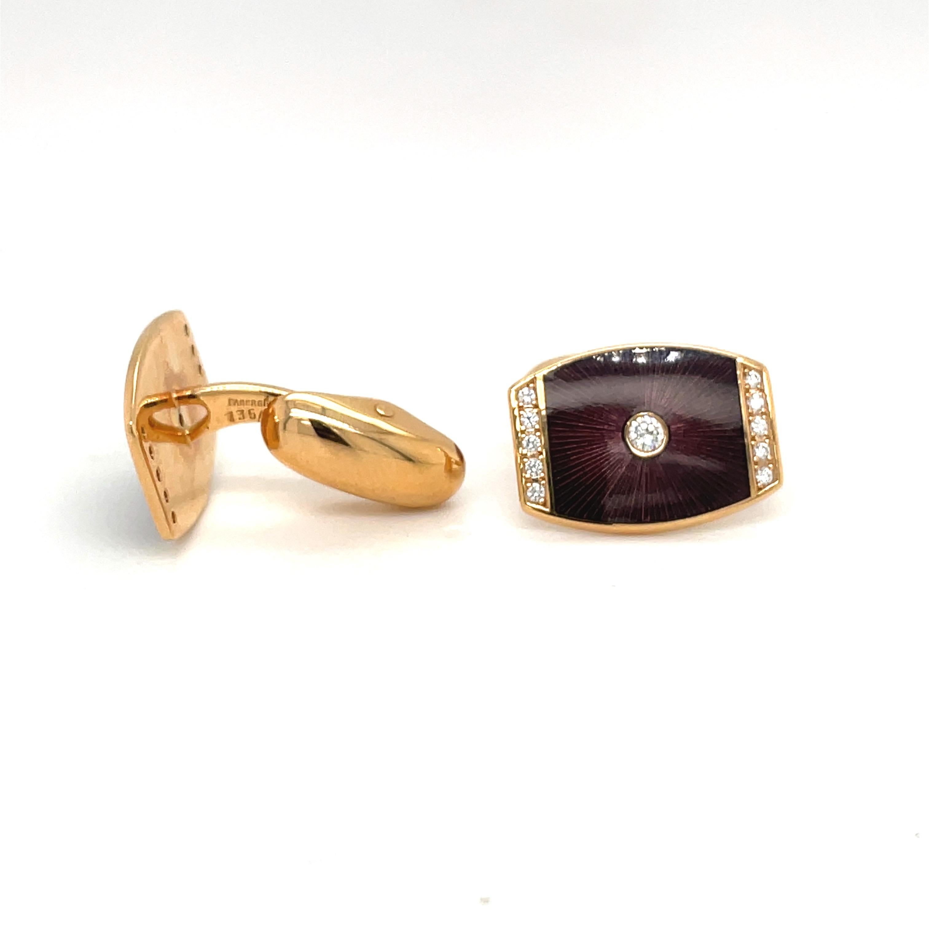 Round Cut Faberge 18kt Rose Gold Enamel and Diamond 0.32ct Cuff Links #135/1000 For Sale