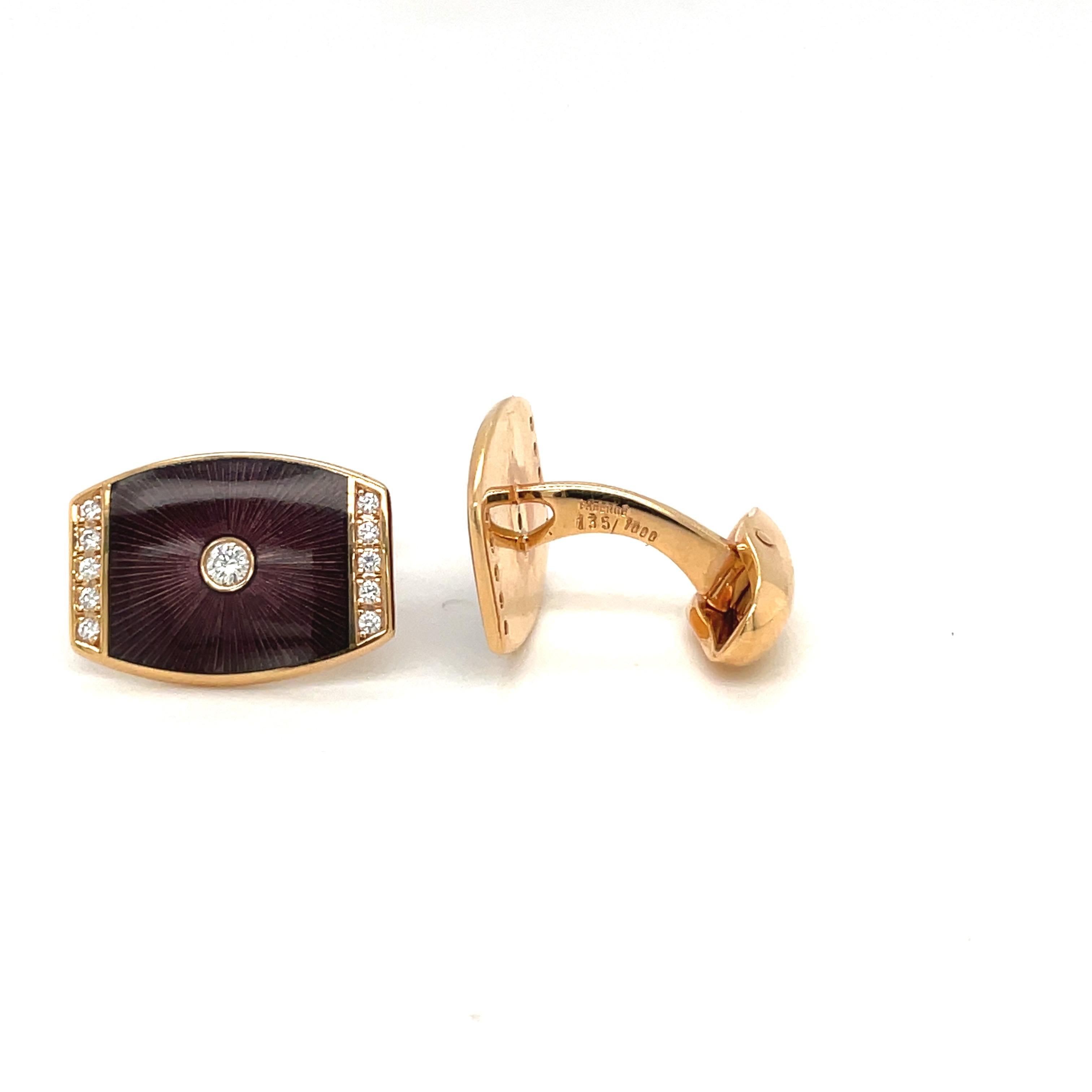Women's or Men's Faberge 18kt Rose Gold Enamel and Diamond 0.32ct Cuff Links #135/1000 For Sale