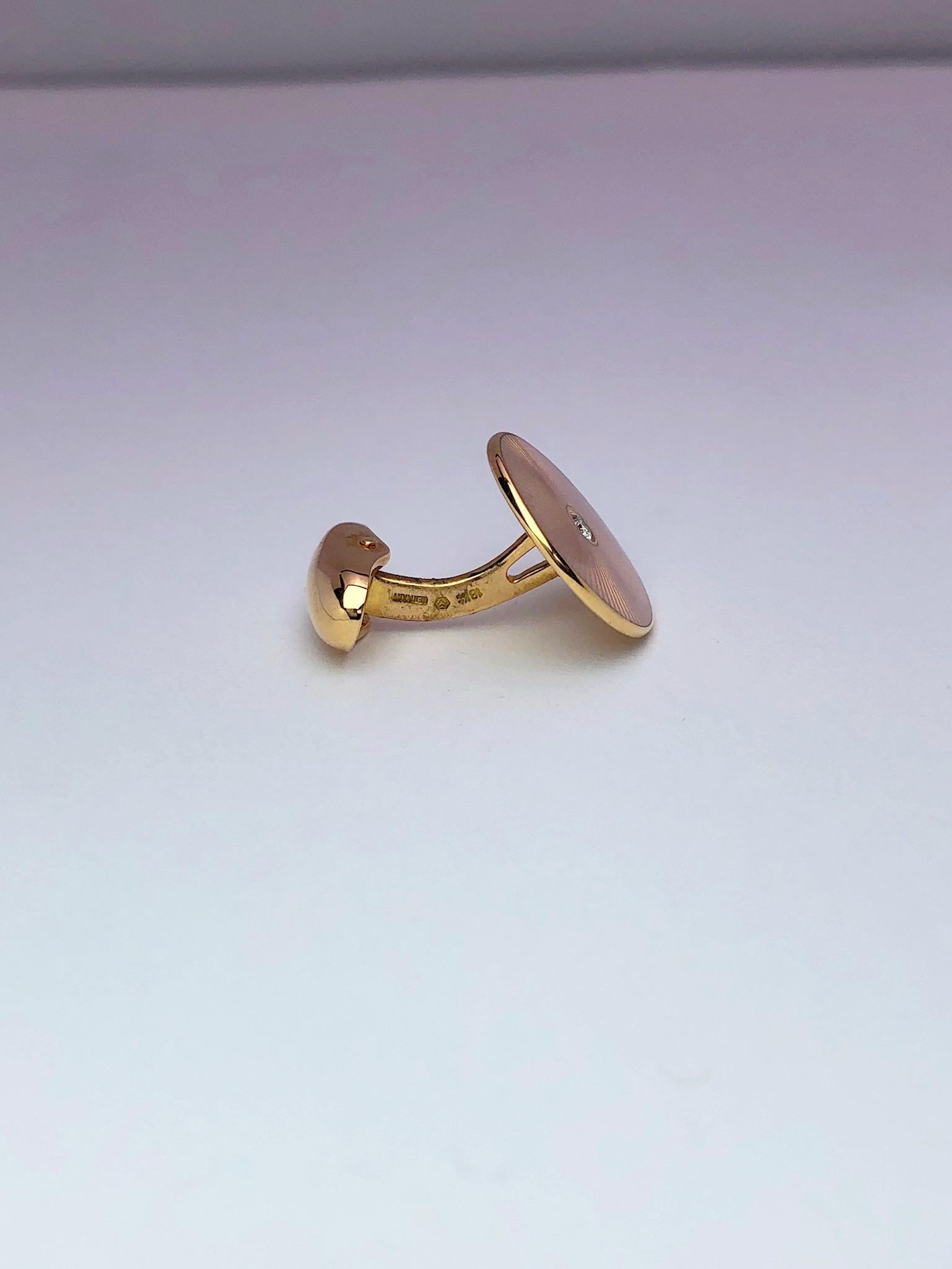 Round Cut Modern Faberge 18 Karat Gold Peach Enamel and Diamond Center Cufflinks  For Sale